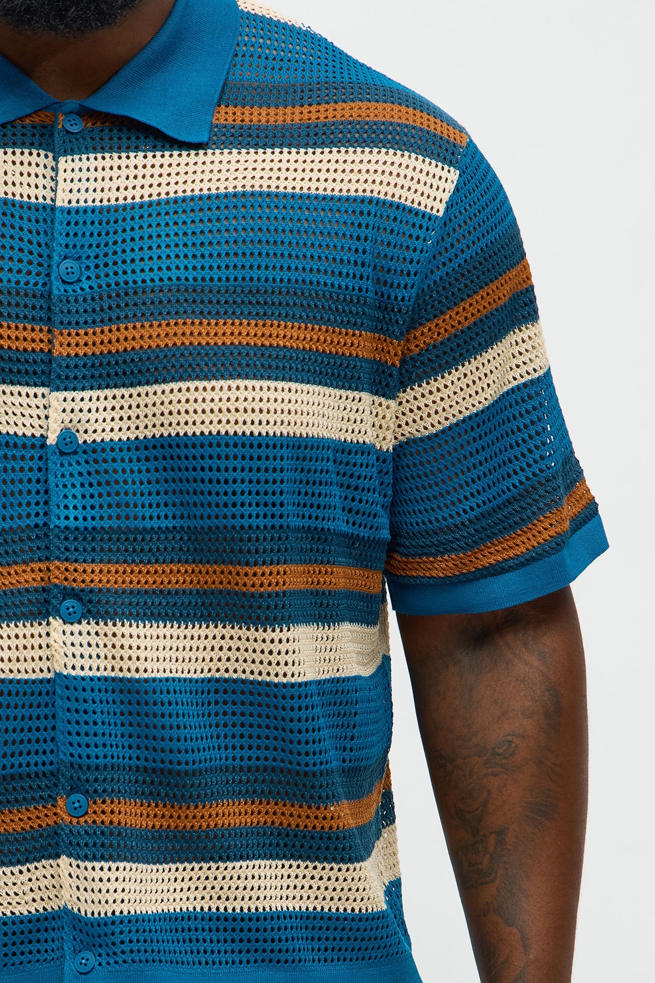 Regular Fit Striped Crochet Button Up Shirt - Blue