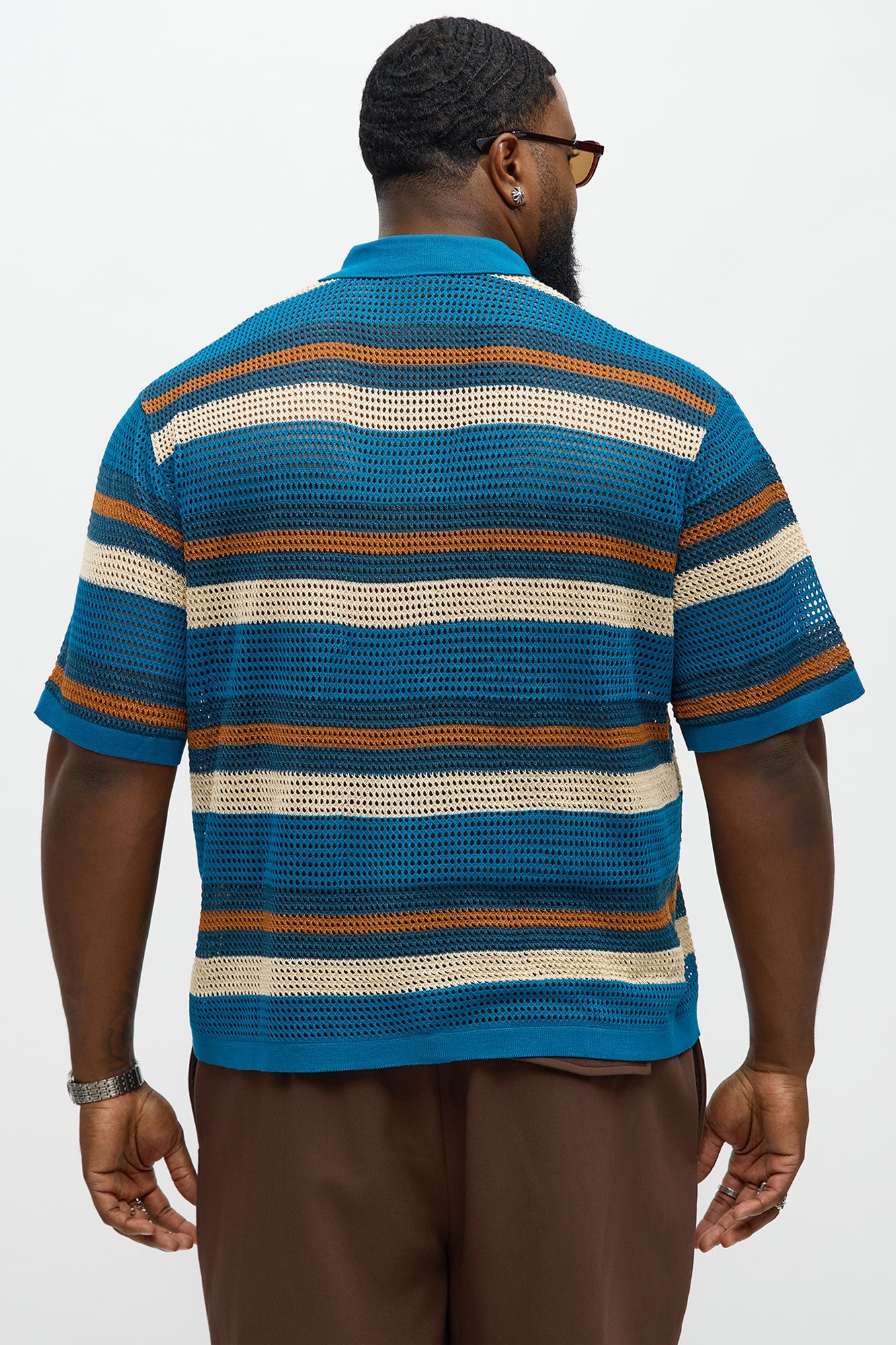 Regular Fit Striped Crochet Button Up Shirt - Blue