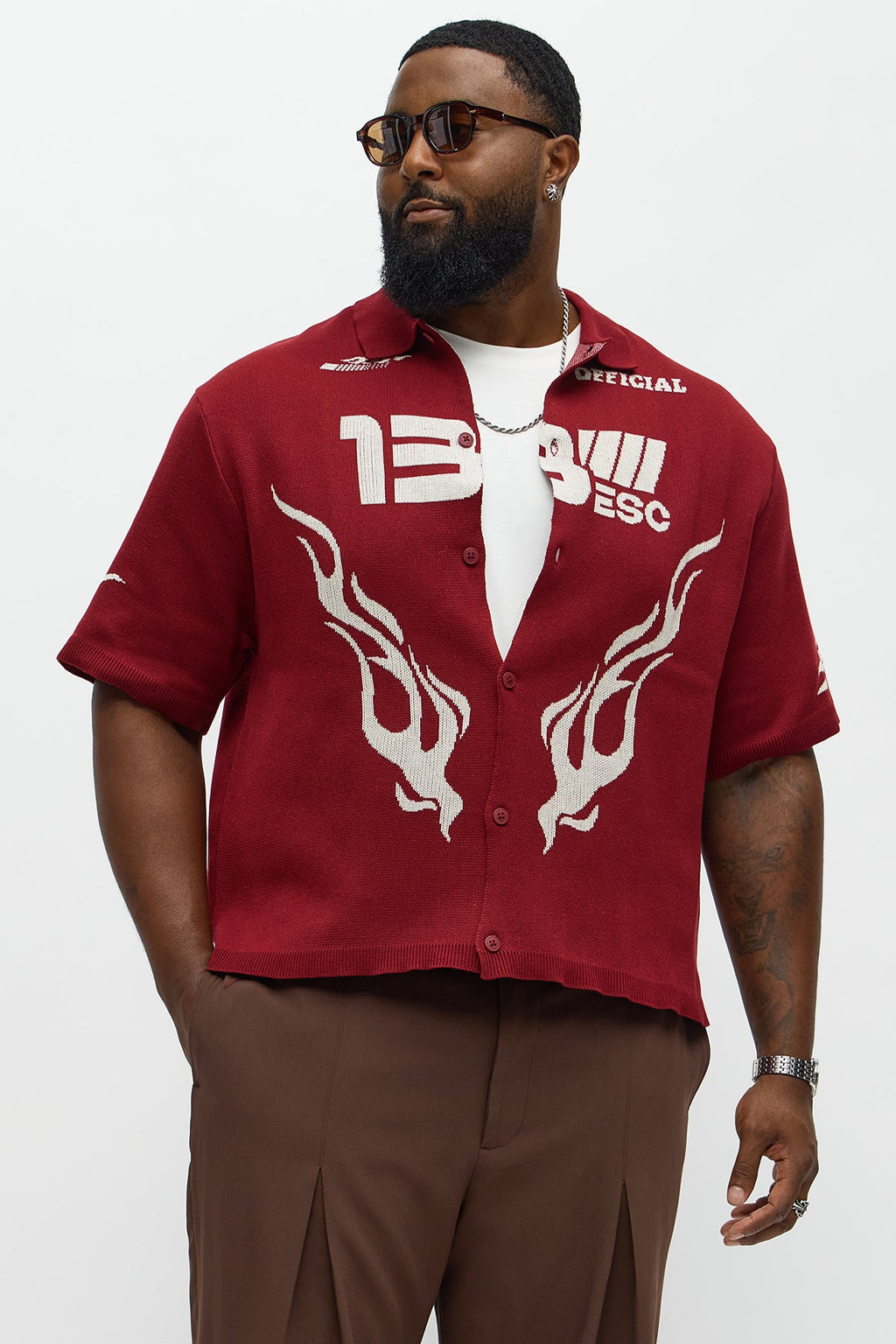 Regular Fit 13 Button Up Sweater Shirt - Red/White