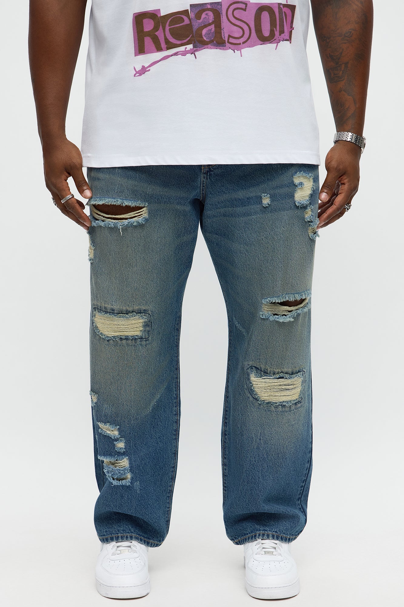 Straight Odd One Out Distressed Jeans - Medium Blue Wash