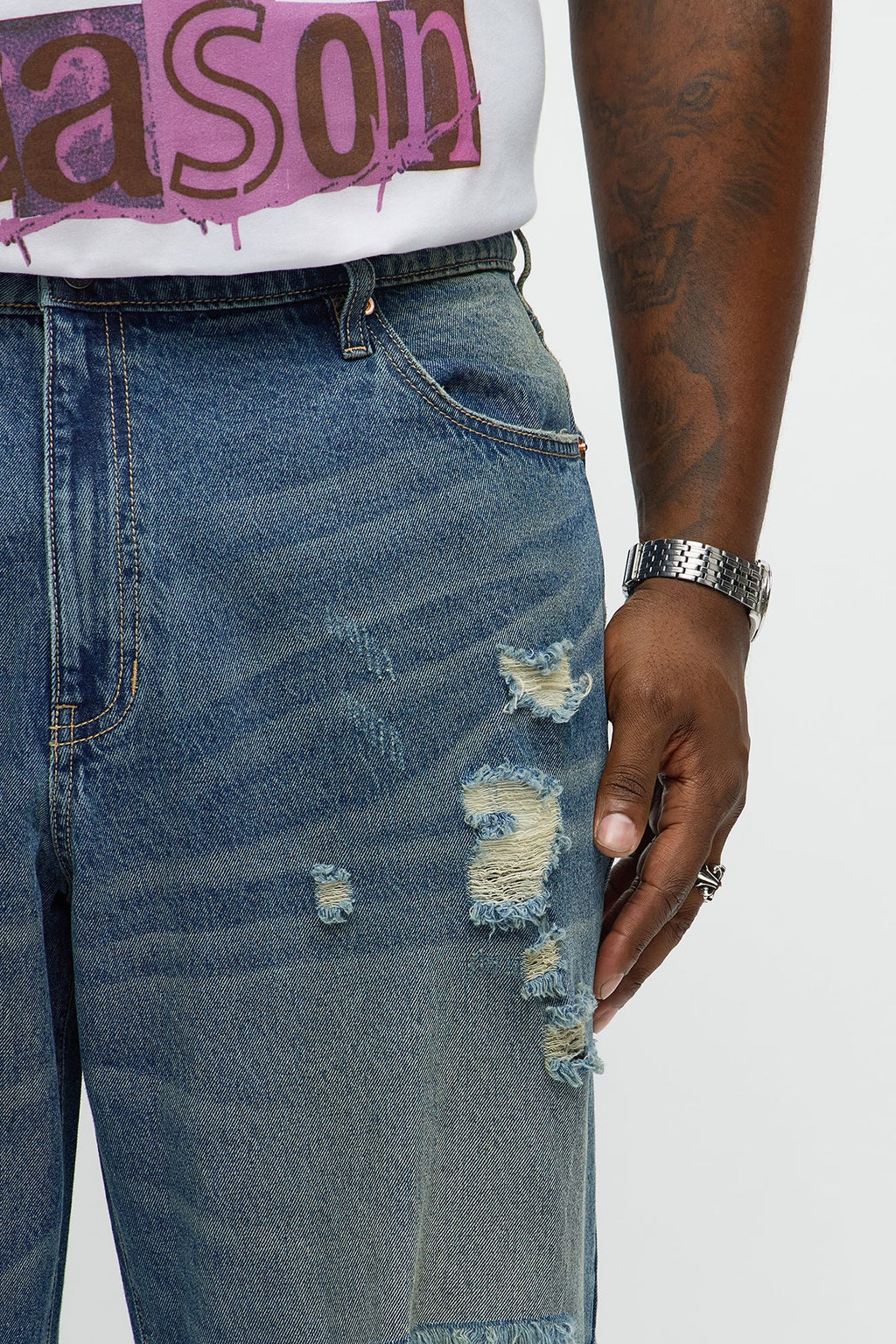 Straight Odd One Out Distressed Jeans - Medium Blue Wash