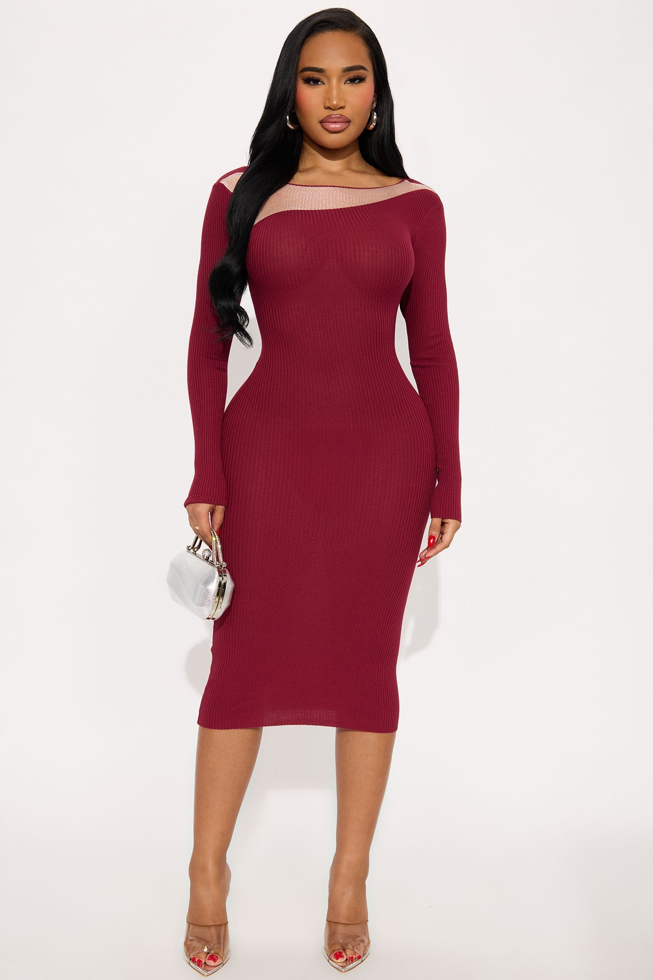 Bring The Drama Ribbed Midi Dress - Burgundy