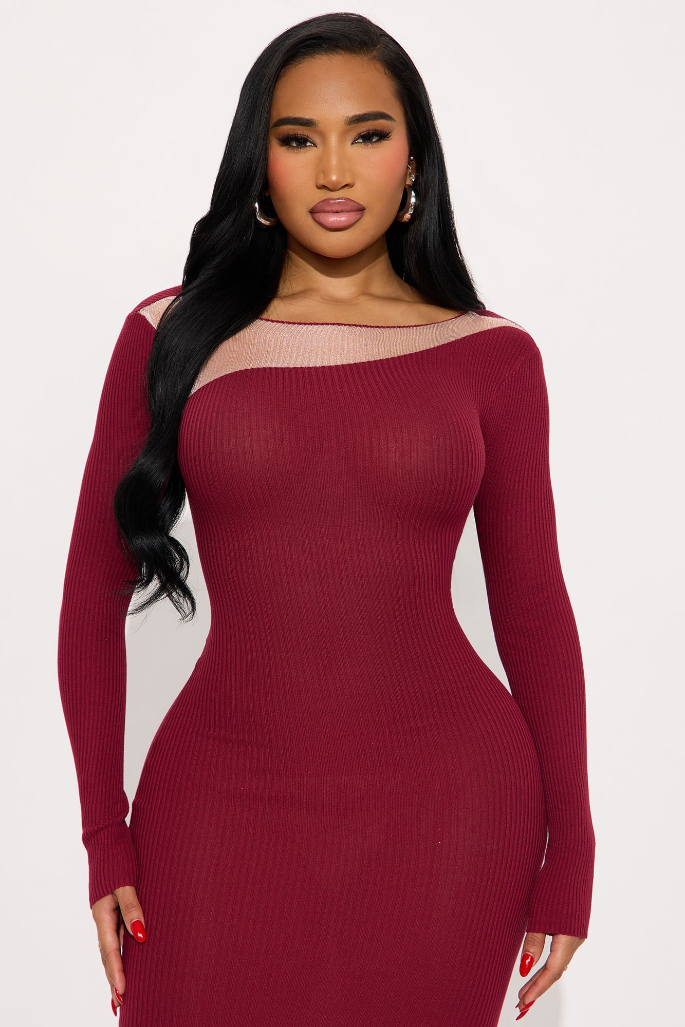 Bring The Drama Ribbed Midi Dress - Burgundy