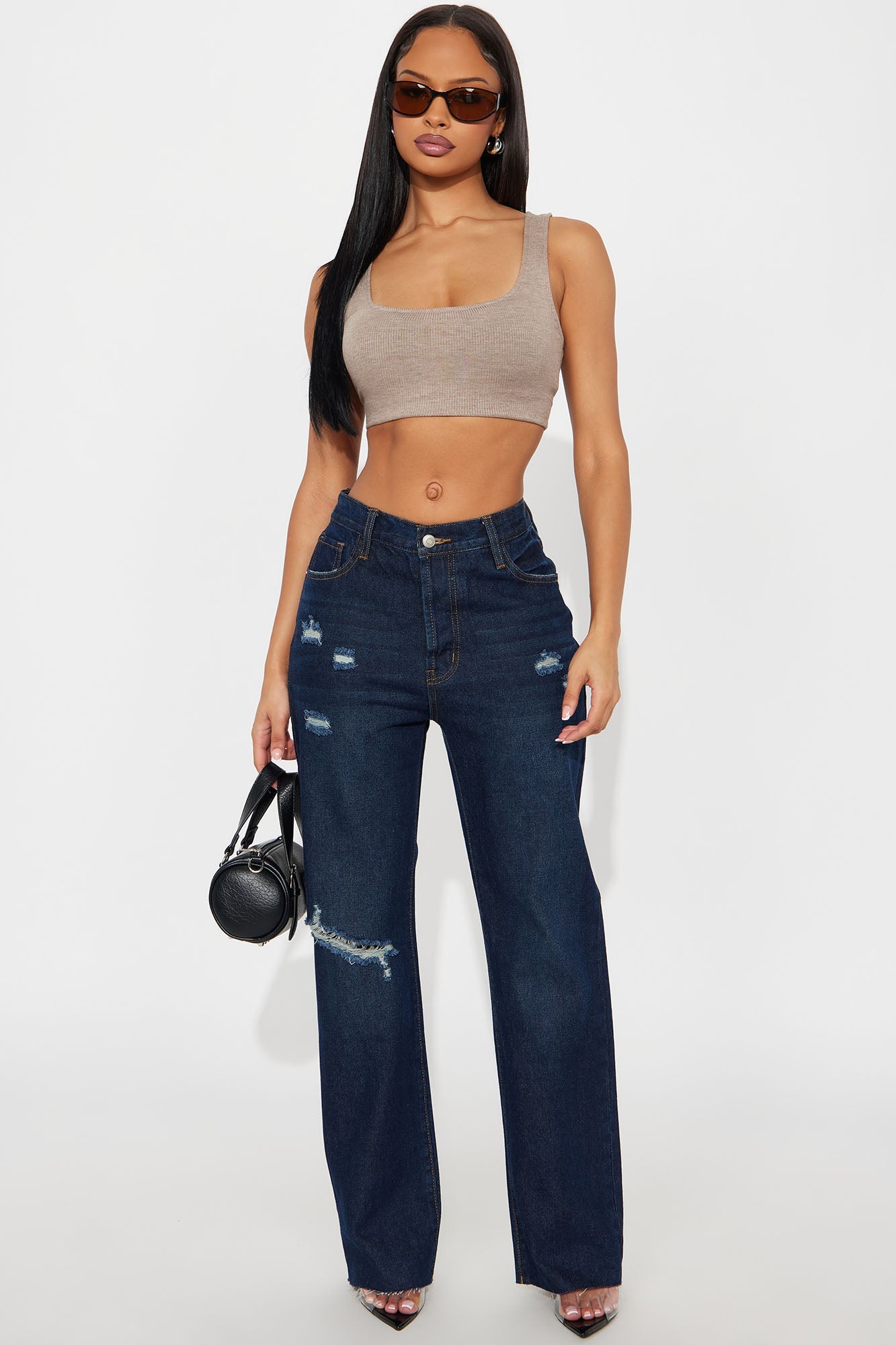 Topanga 90's Ripped Straight Leg Jeans - Dark Denim
