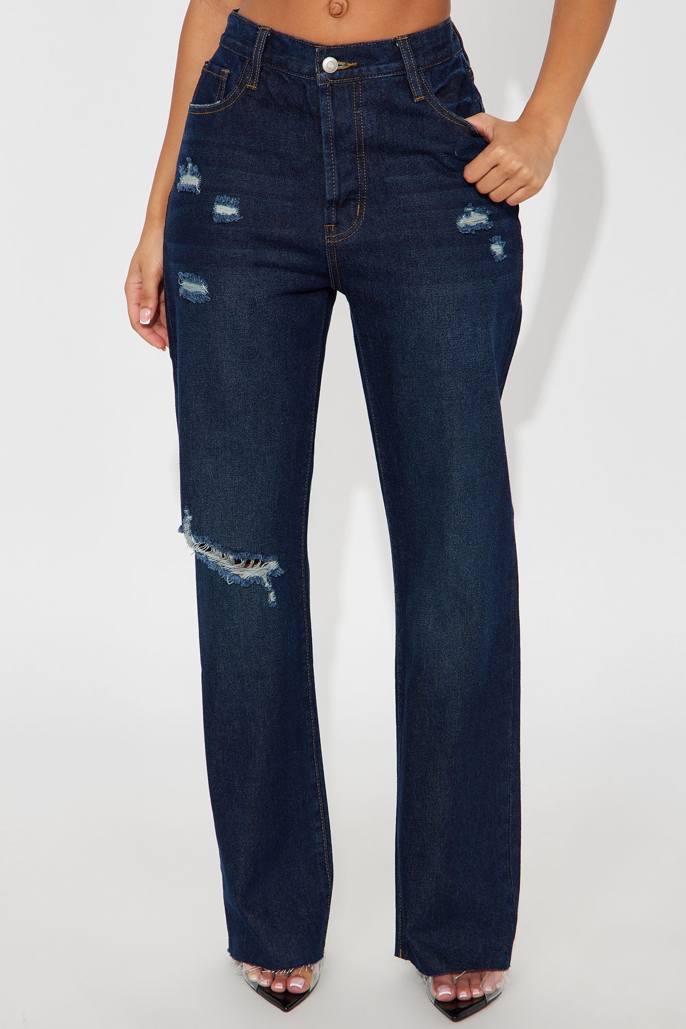 Topanga 90's Ripped Straight Leg Jeans - Dark Denim