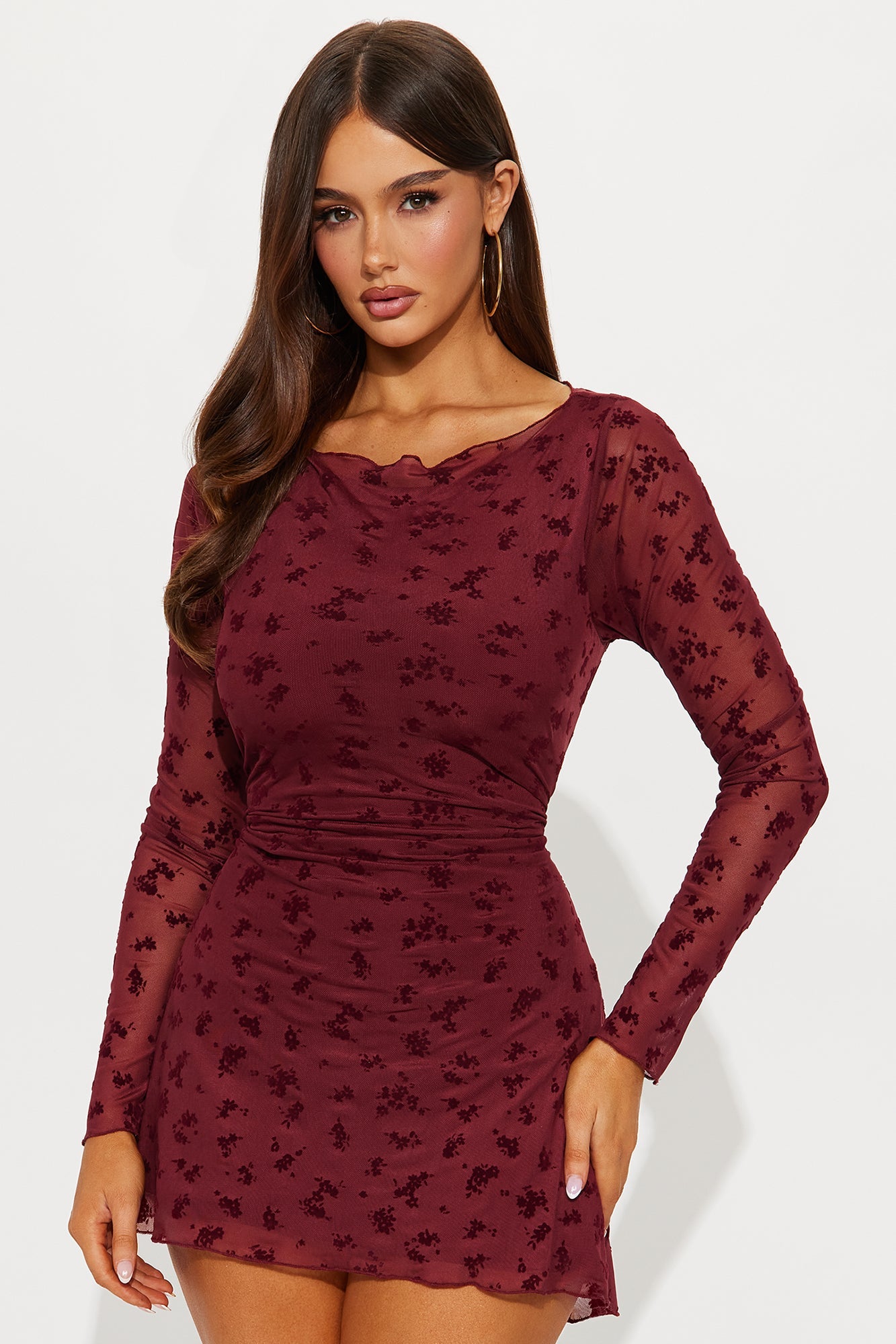 Brinley Flocked Mesh Mini Dress - Wine