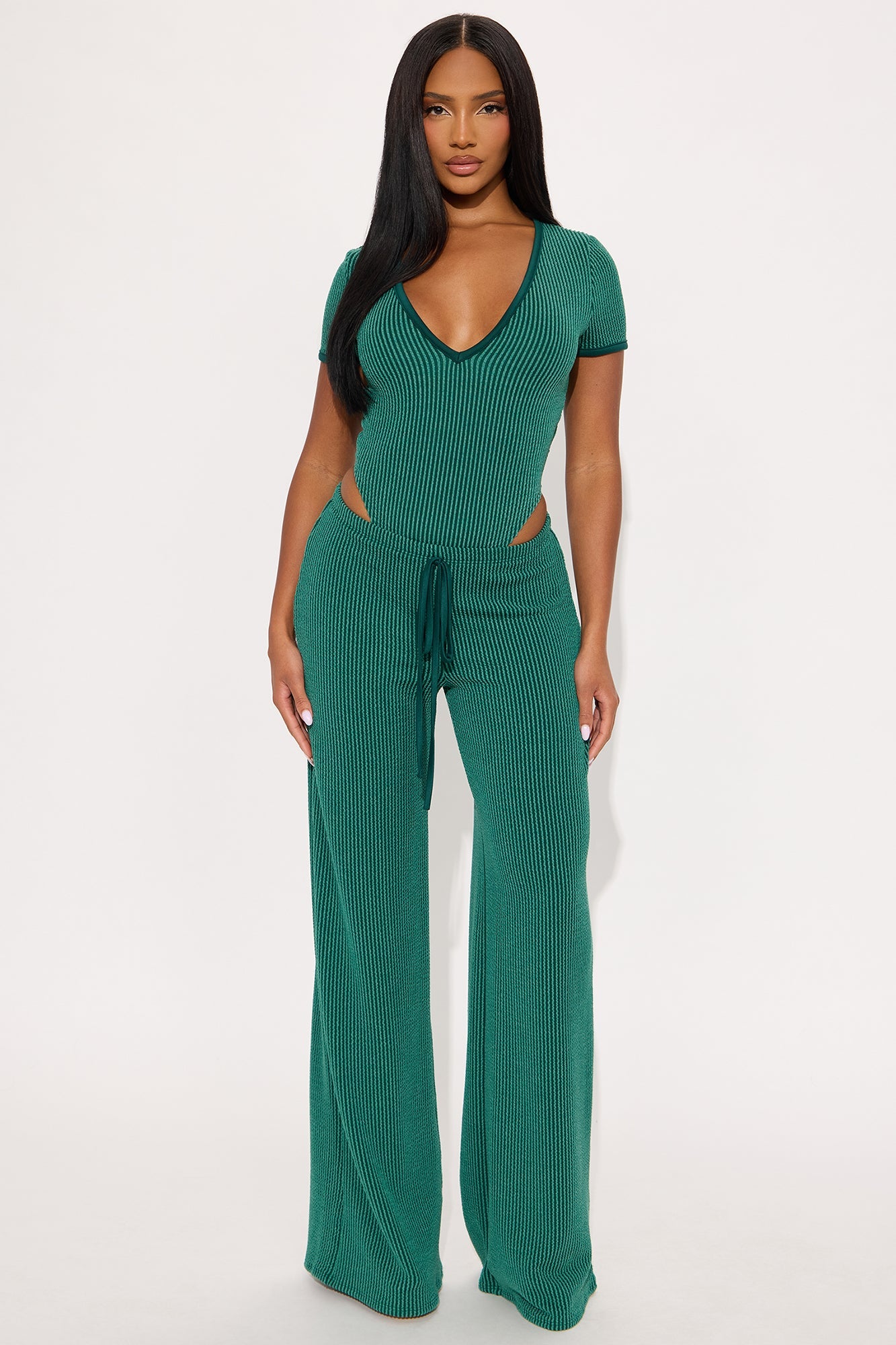 Paulette Short Sleeve Ribbed Bodysuit Pant Set - Green