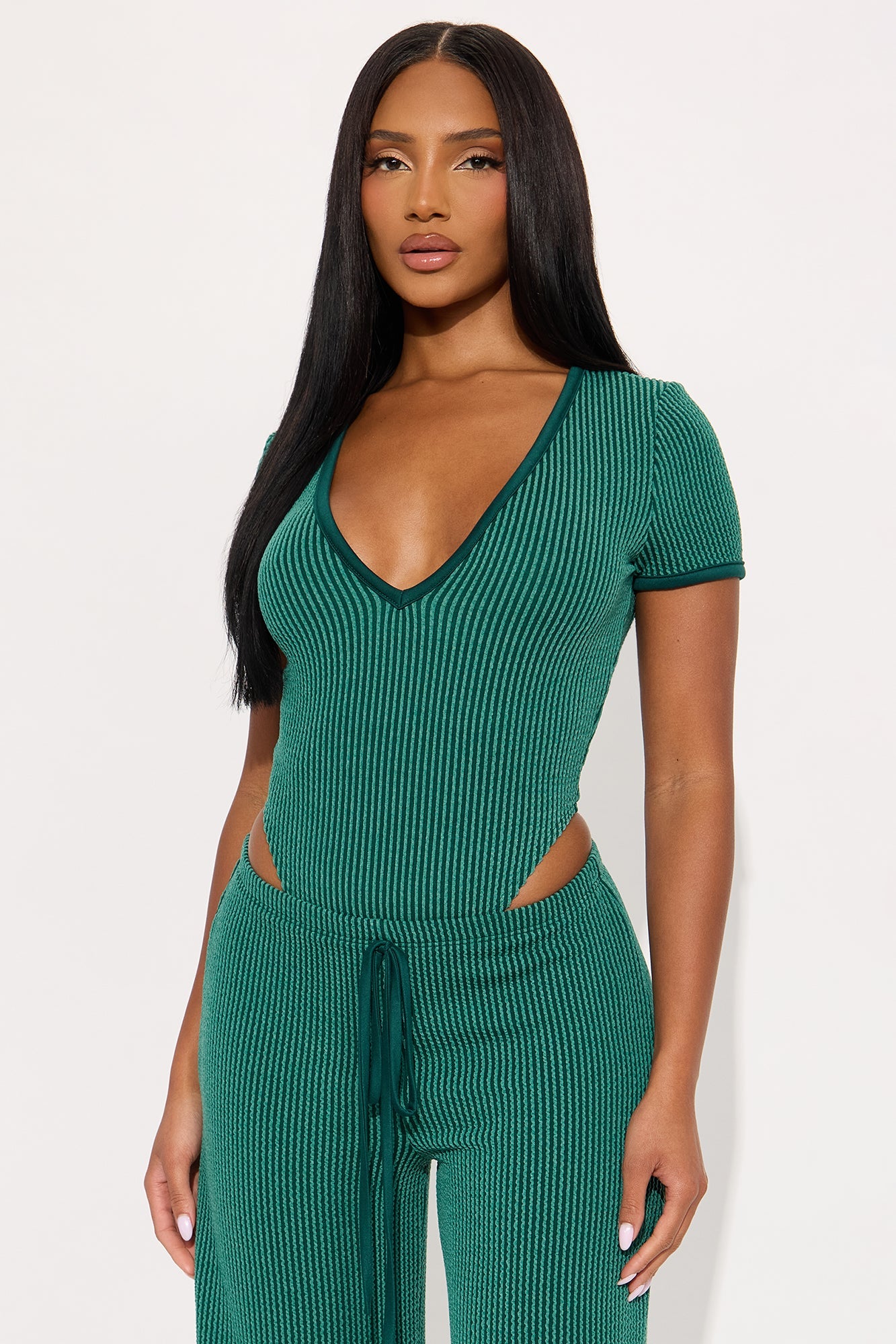 Paulette Short Sleeve Ribbed Bodysuit Pant Set - Green