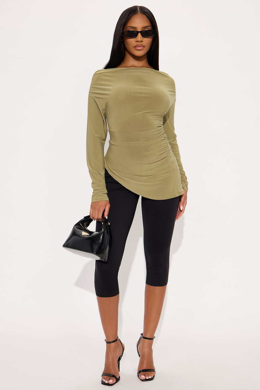 Jess Long Sleeve Asymmetrical Ruched Blouse - Olive 1