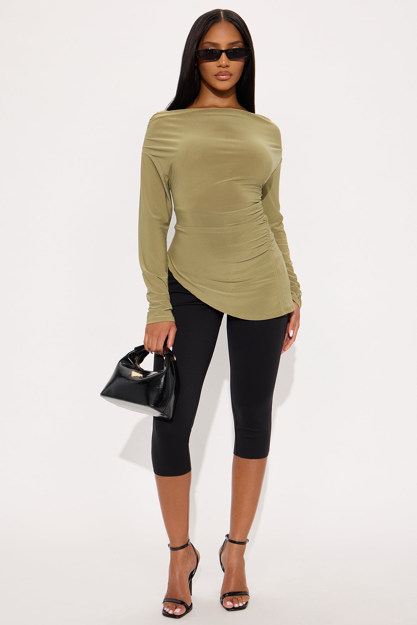 Jess Long Sleeve Asymmetrical Ruched Blouse - Olive 1