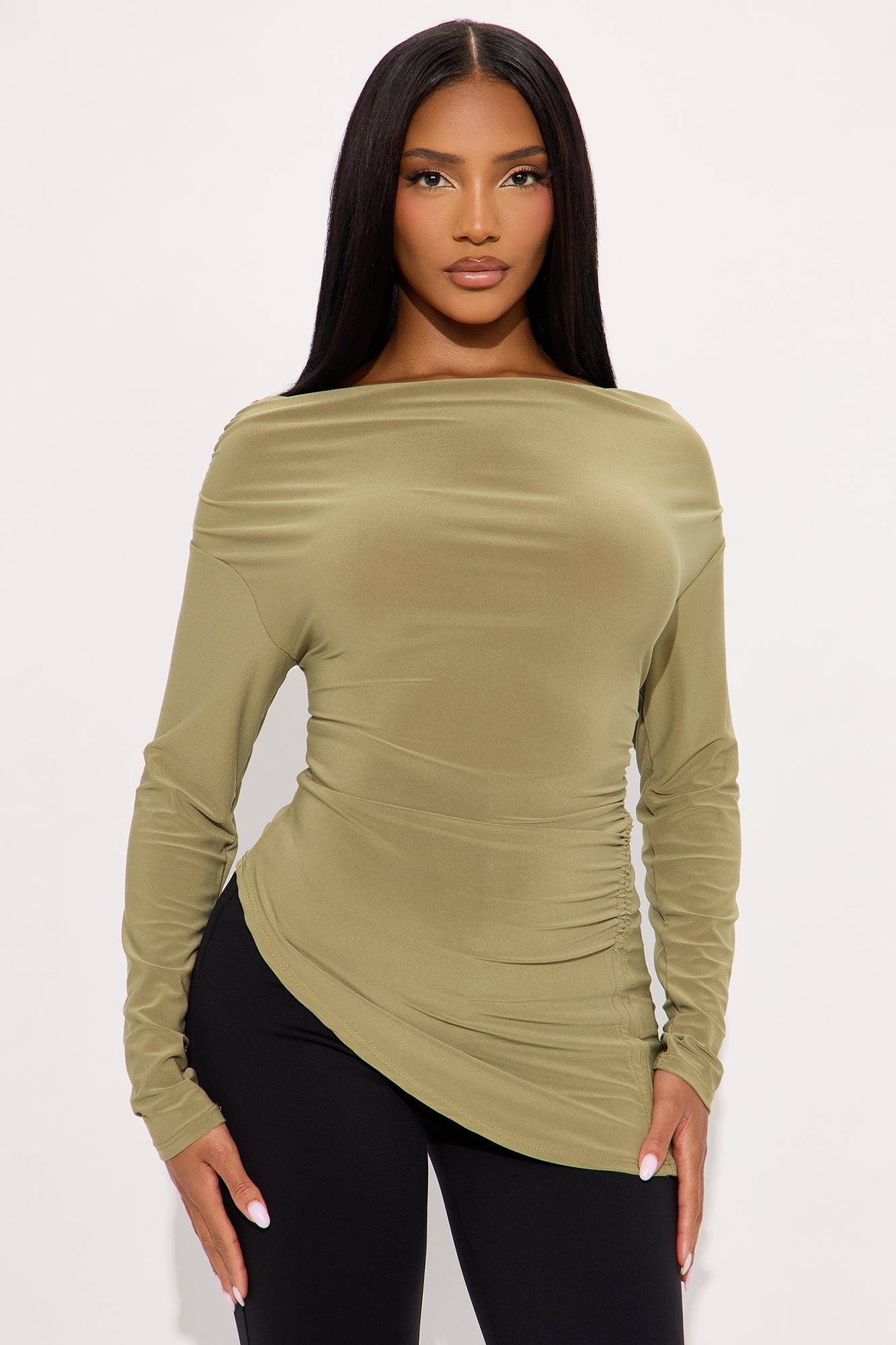 Jess Long Sleeve Asymmetrical Ruched Blouse - Olive 1