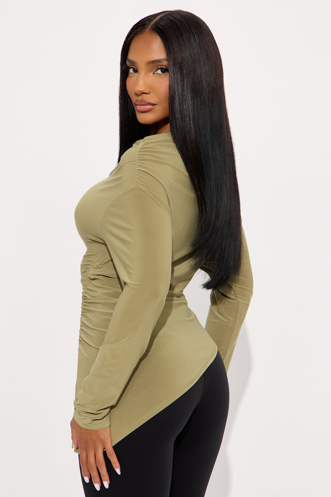 Jess Long Sleeve Asymmetrical Ruched Blouse - Olive 1