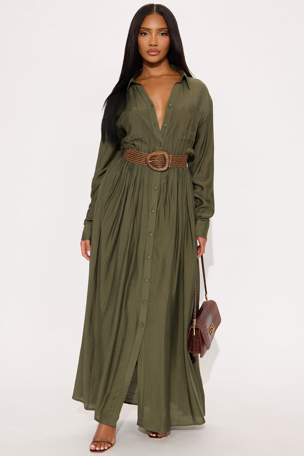 Alaya Linen Maxi Shirt Dress - Olive