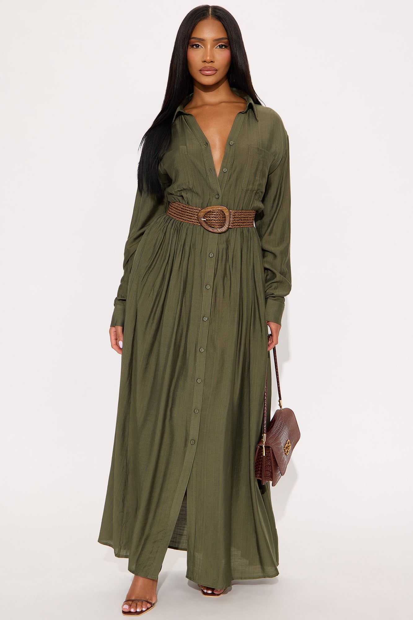 Alaya Linen Maxi Shirt Dress - Olive