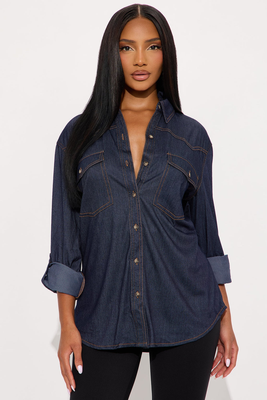 Piper Long Sleeve Button Up Denim Shirt - Dark Denim