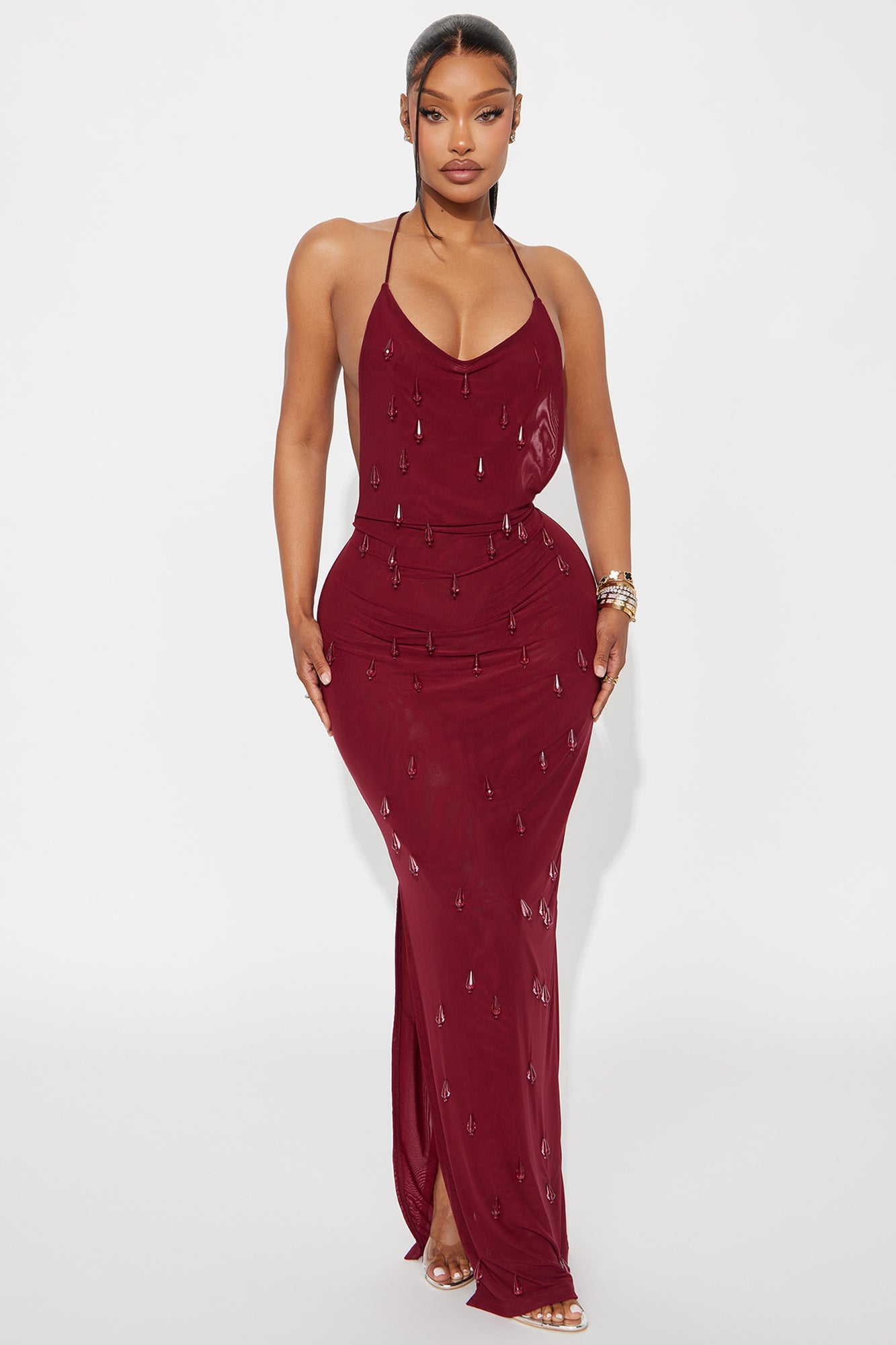 Porter Beaded Mesh Maxi Dress - Wine