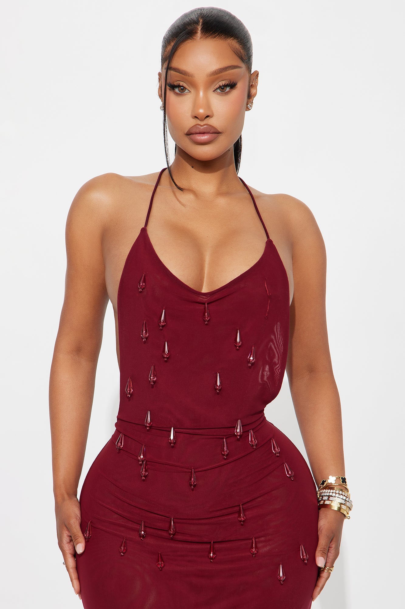 Porter Beaded Mesh Maxi Dress - Wine