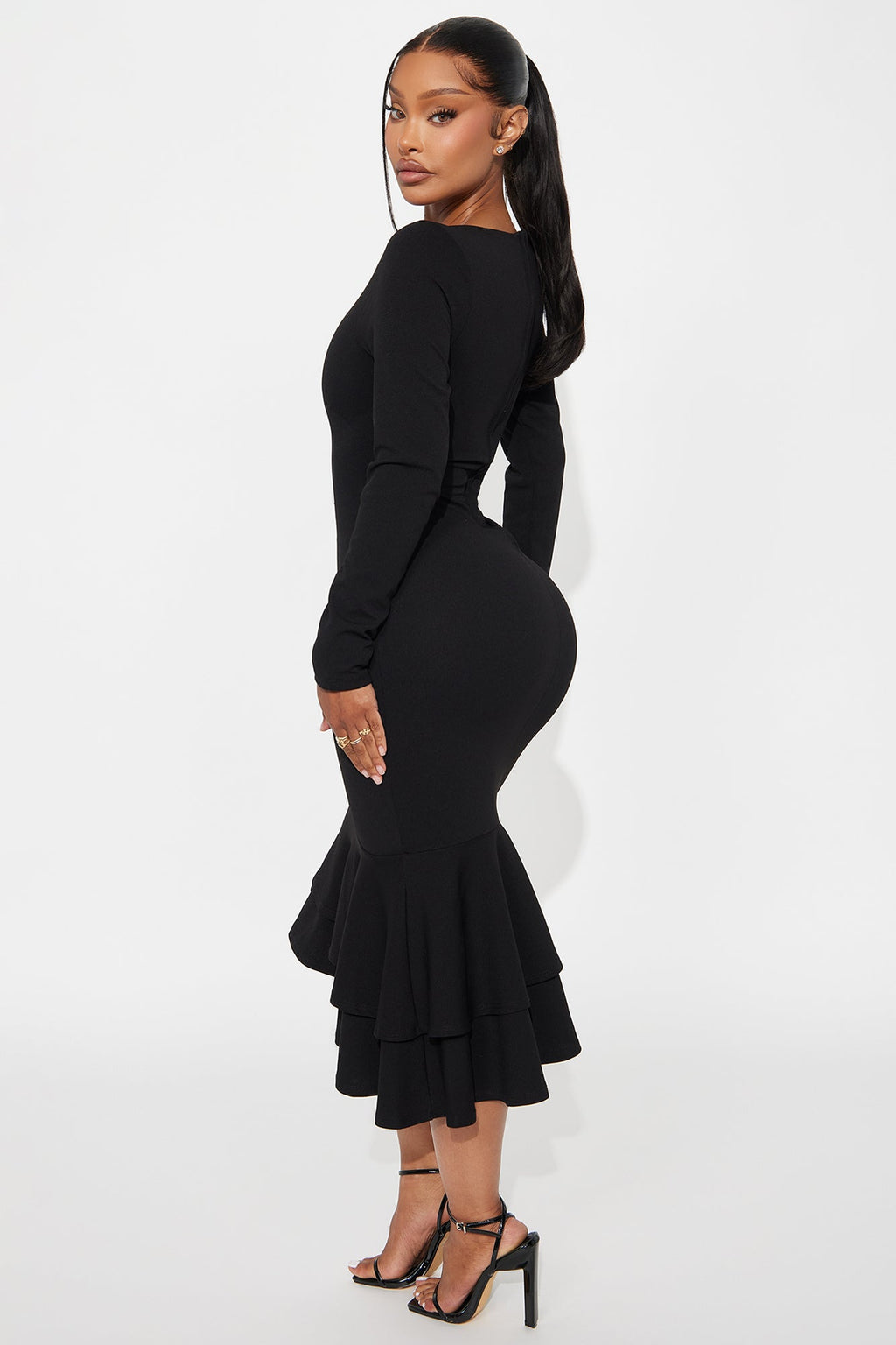Bianca Long Sleeve Peplum Midi Dress - Black