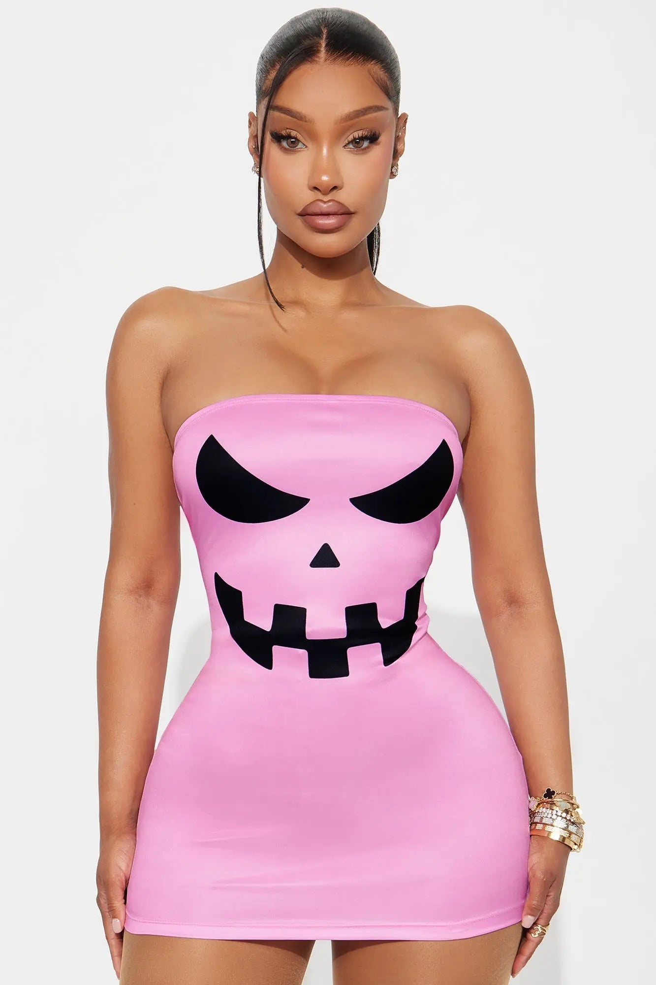 Lady Jacko Lantern Bodycon Mini Dress Halloween Costume - Black/Pink 