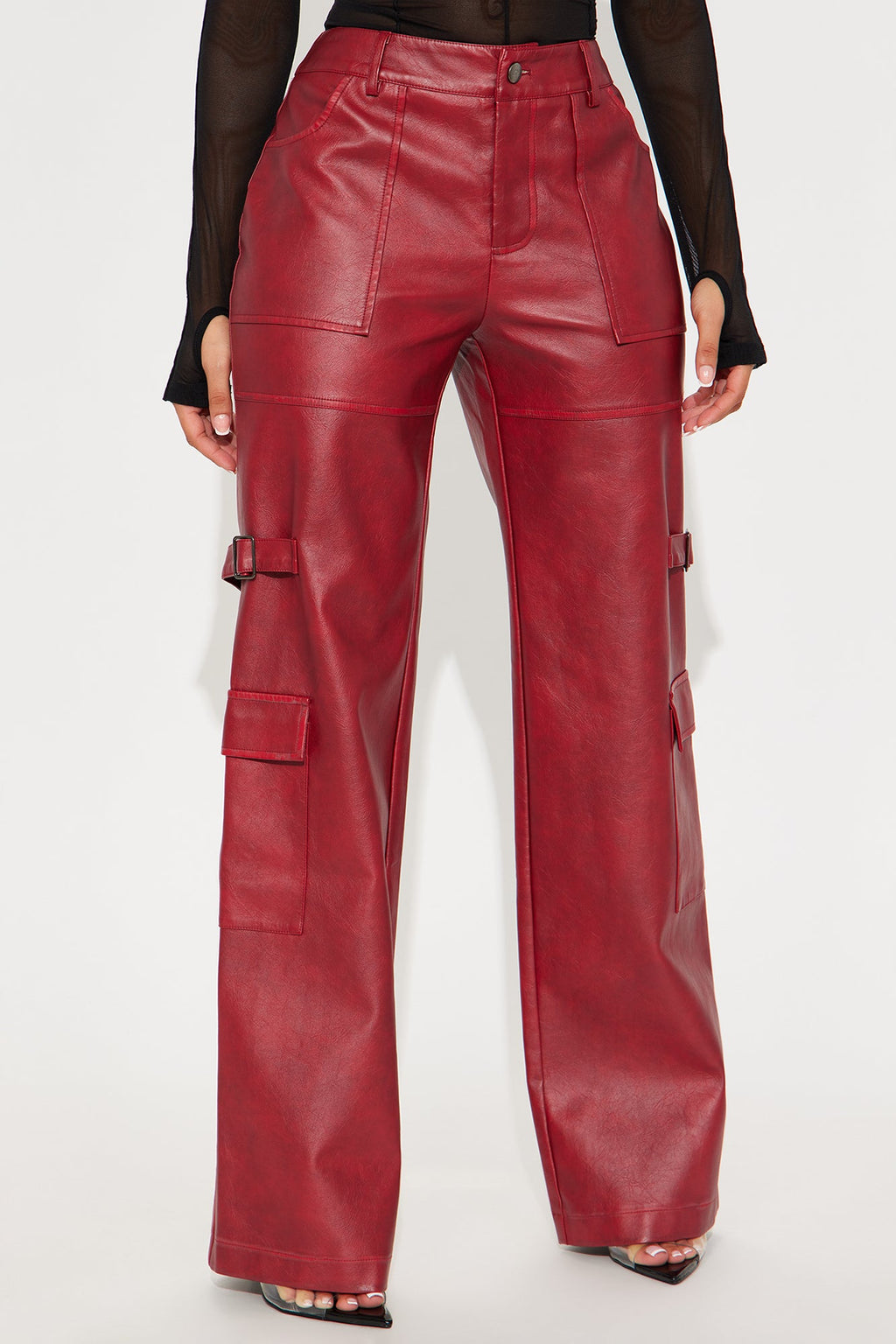 Driven Towards You Washed Faux Leather Cargo Pant 33 - Red