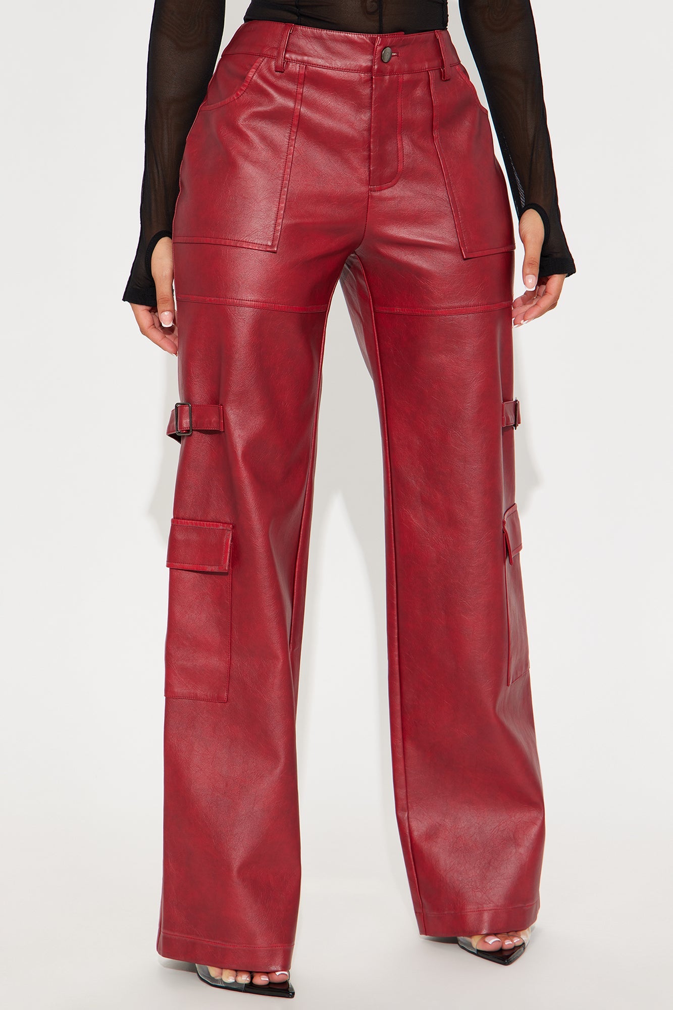 Driven Towards You Washed Faux Leather Cargo Pant 33 - Red