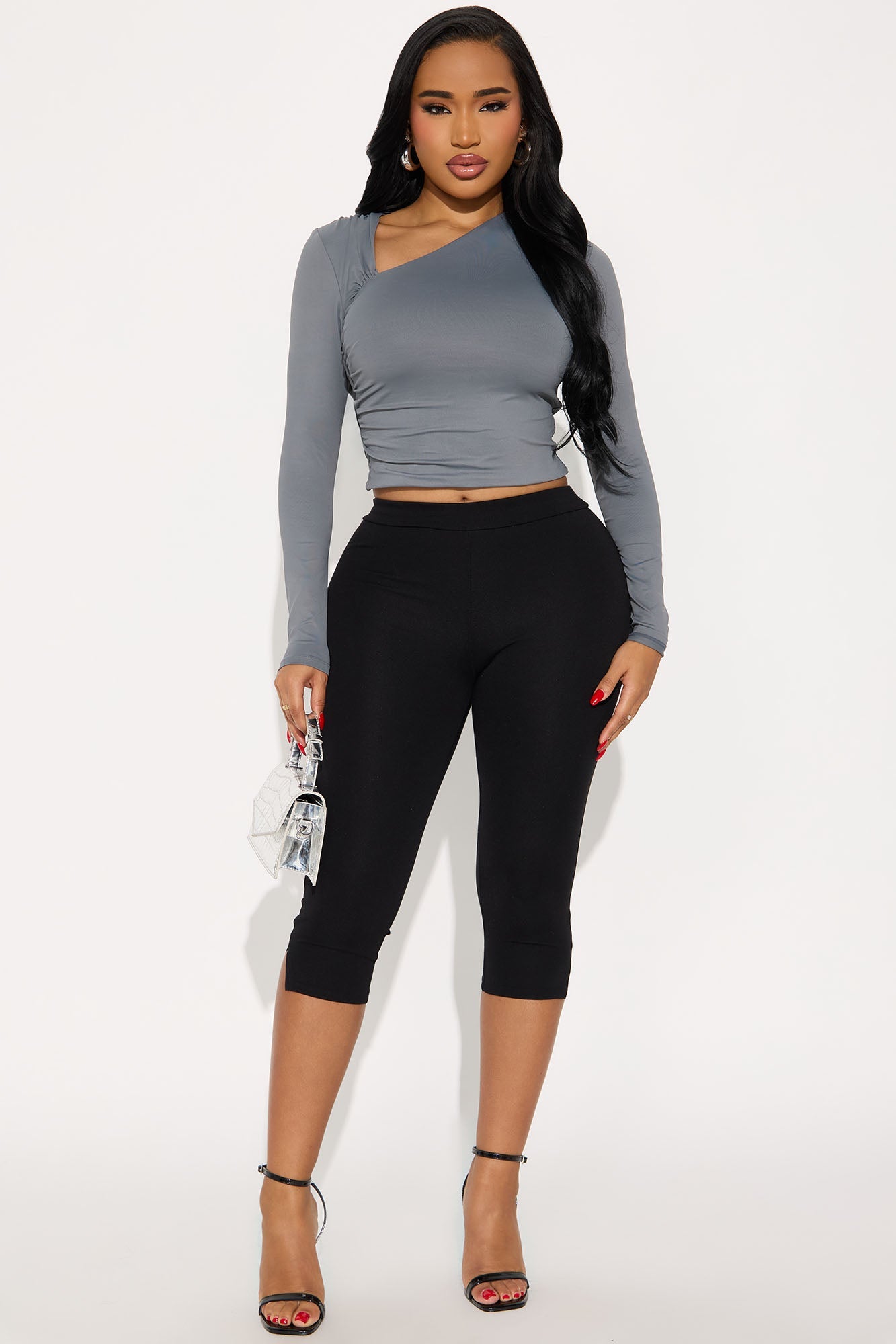 Brenda Ruched Long Sleeve Top - Grey
