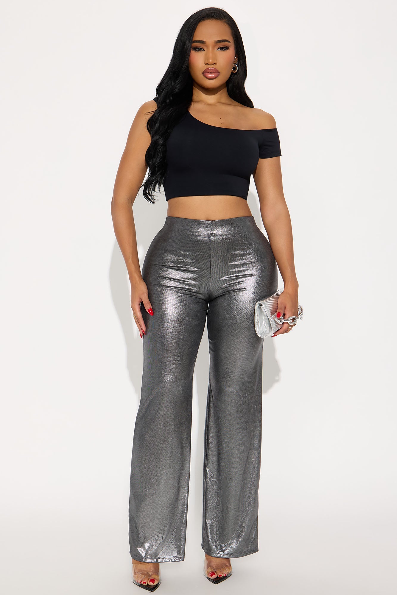 Show Stopper Metallic Wide Leg Pant 31″ - Silver