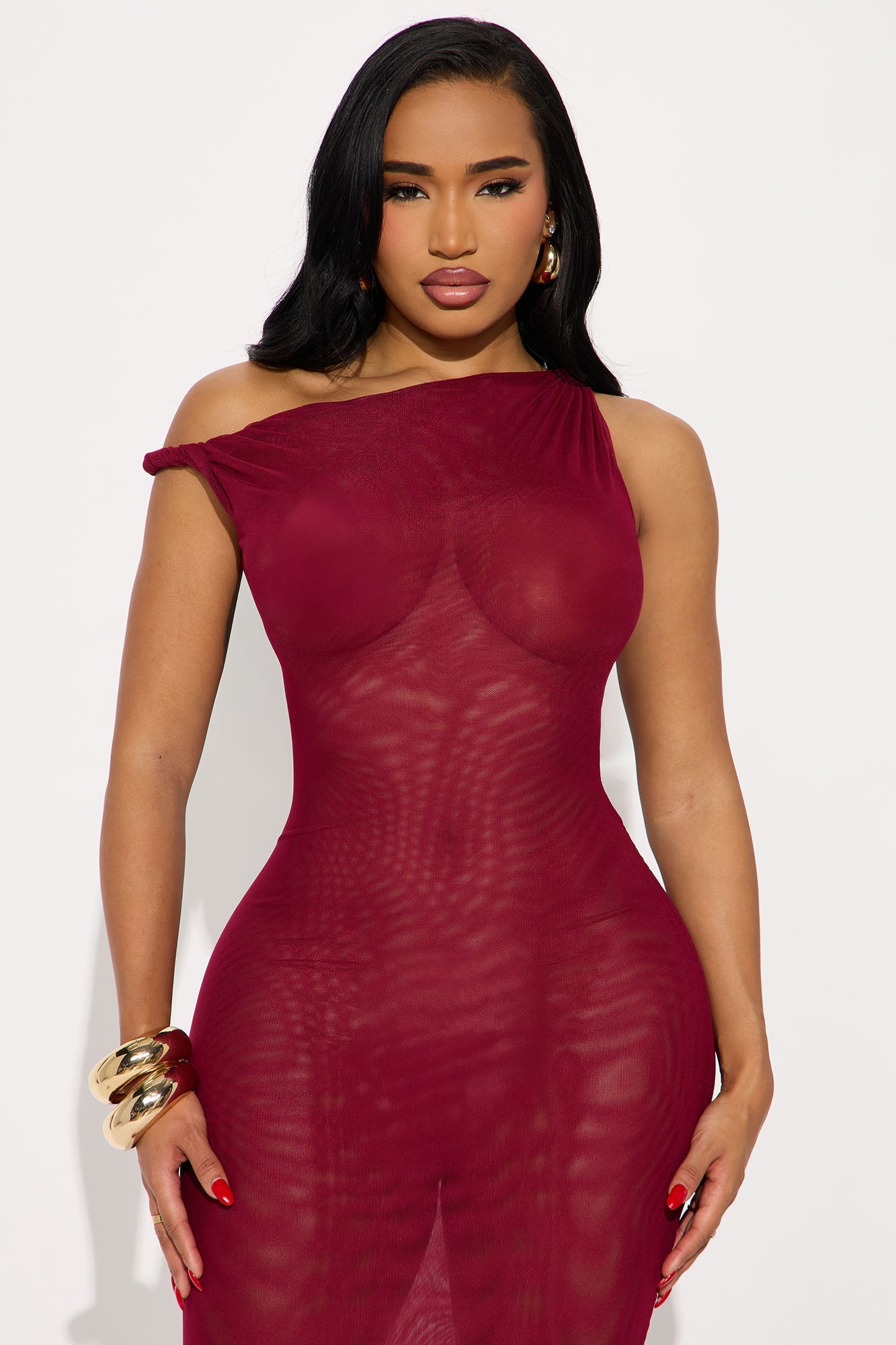 Barely There Sheer Mesh Maxi Dress - Wine