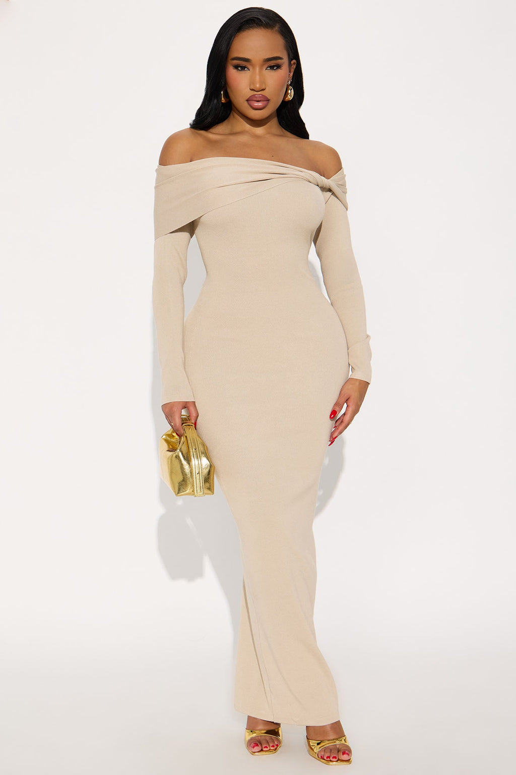 Penelope Off Shoulder Sweater Maxi Dress - Stone