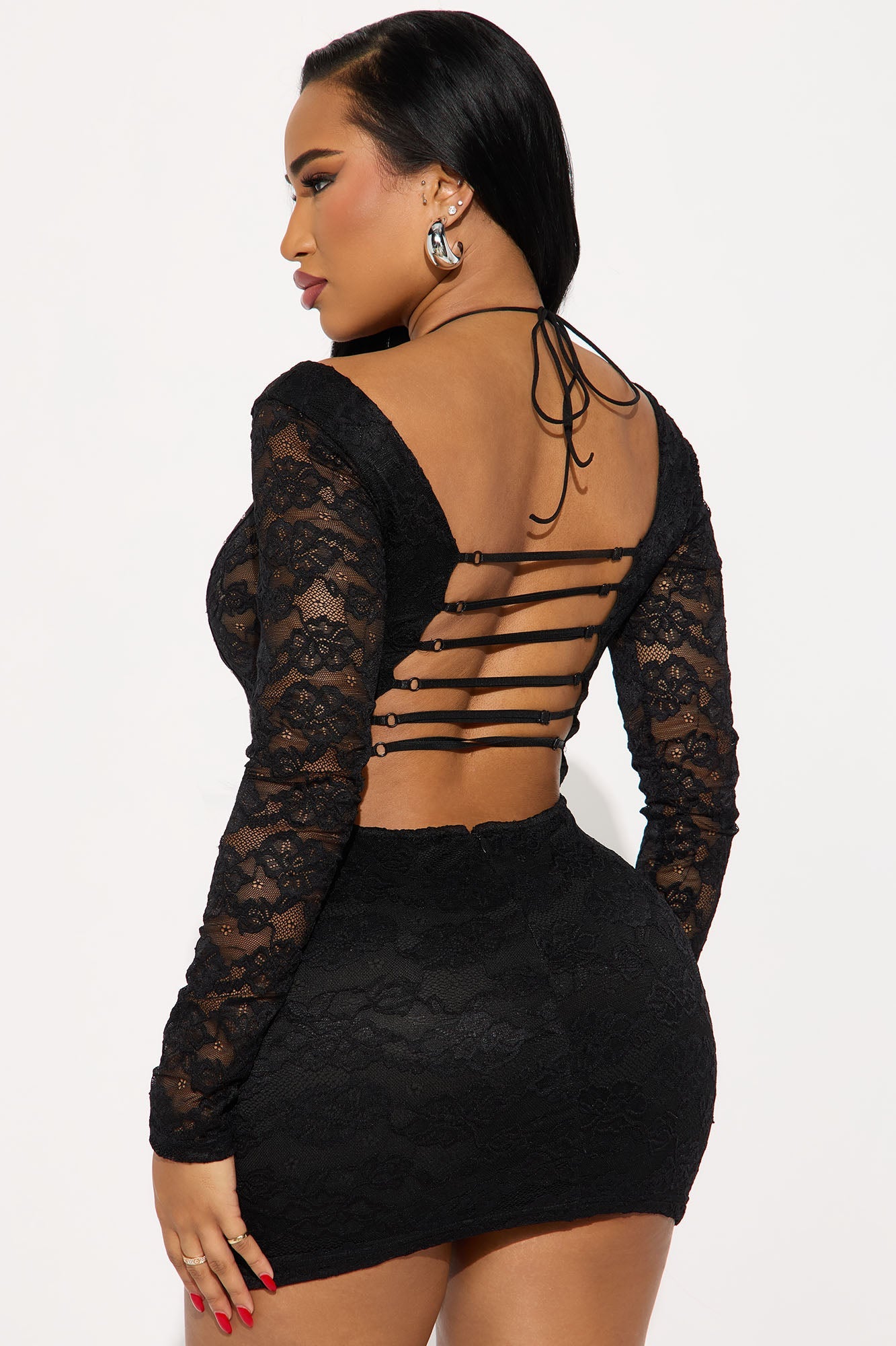 Eden Lace Up Lace Mini Dress - Black