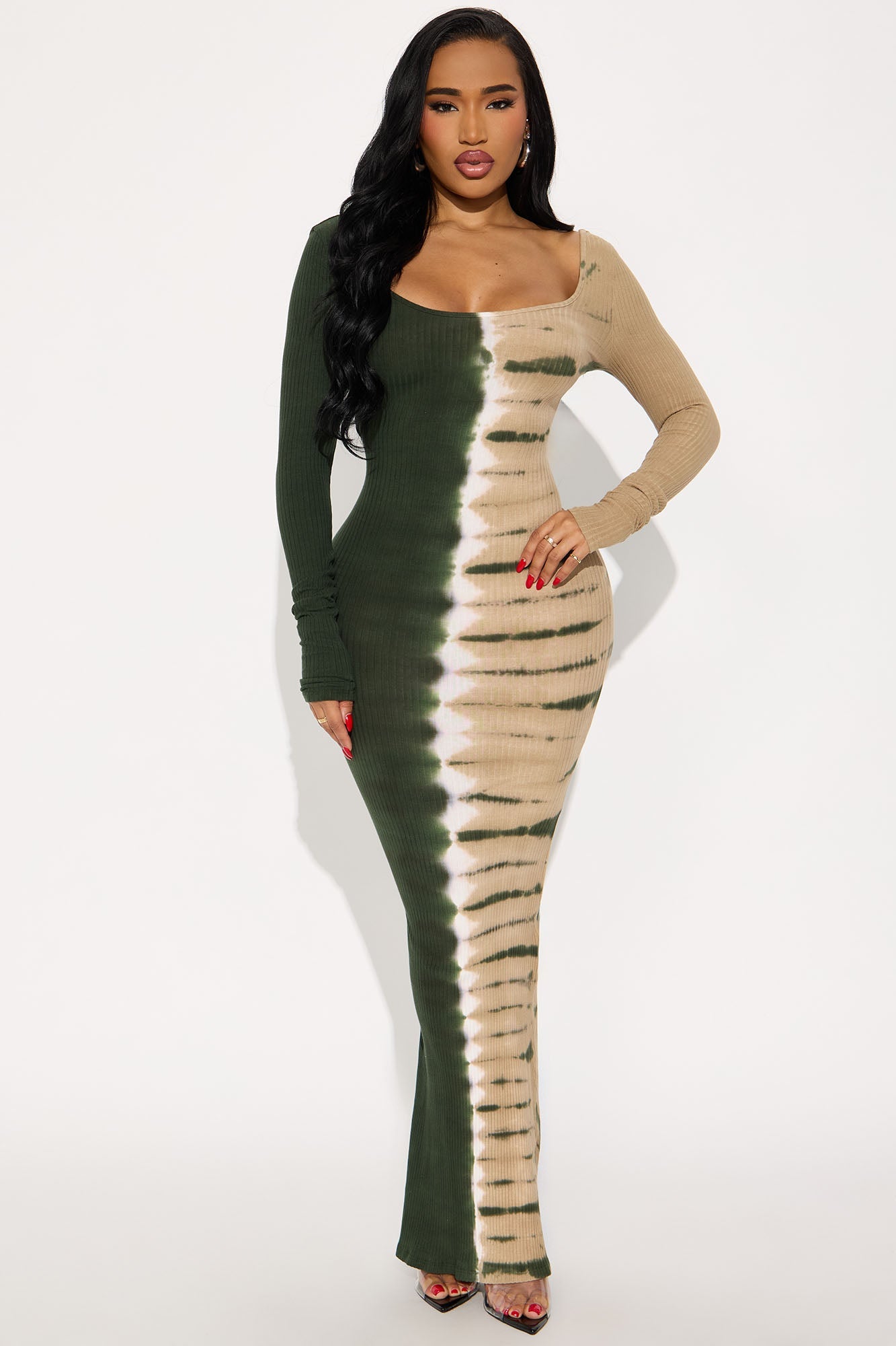Emilia Tie Dye Ribbed Maxi Dress - Green/combo