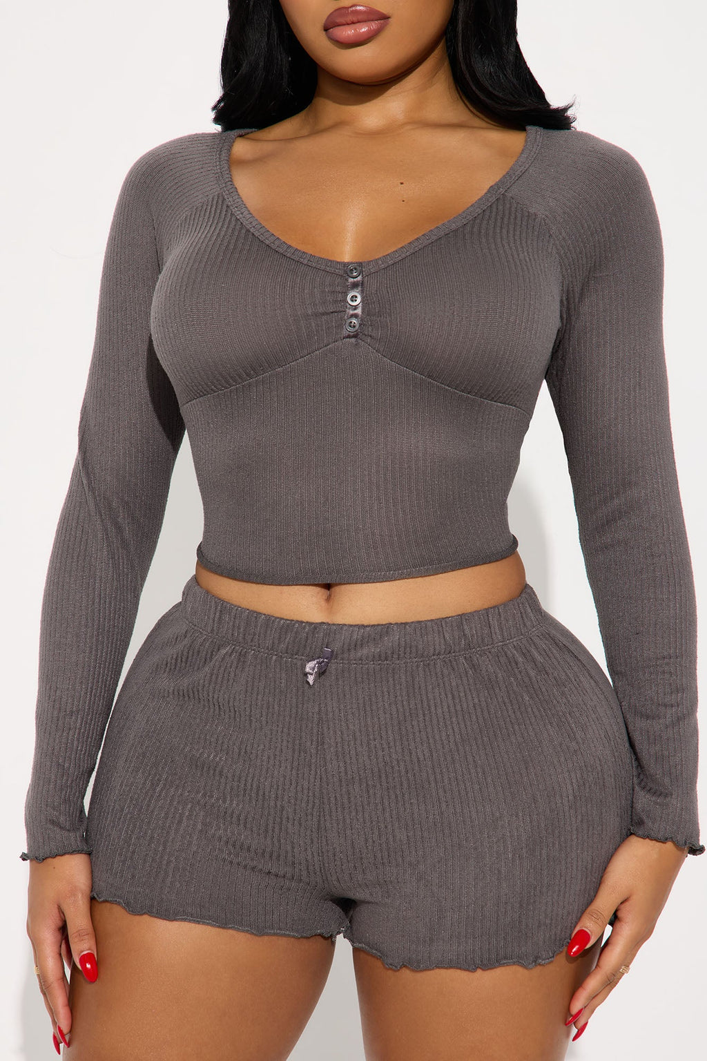 Relaxation Era Ribbed PJ Short Set - Charcoal