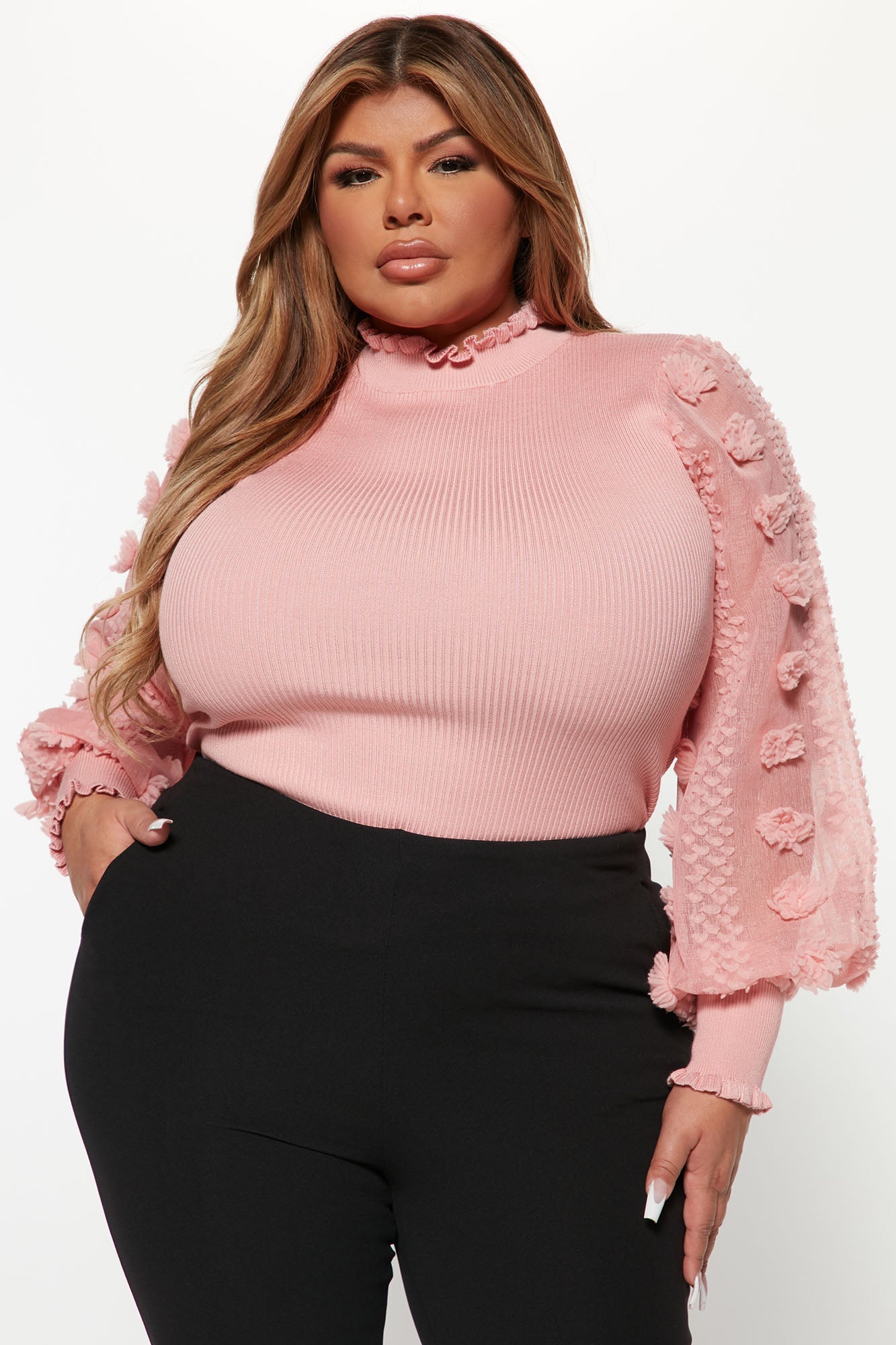 Pretty Petals Mock Neck Sweater - Rose