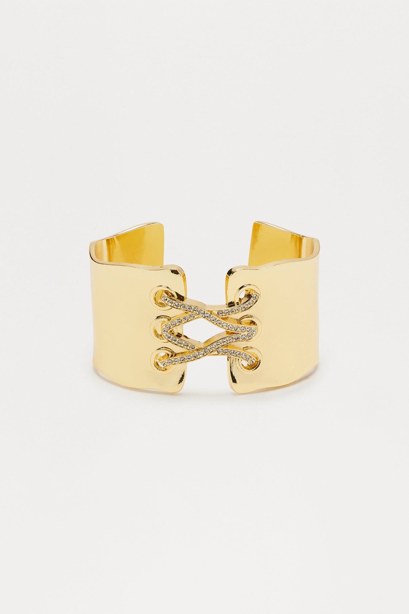 Laced Up Rhinestone Embellished Cuff Bracelet - Gold