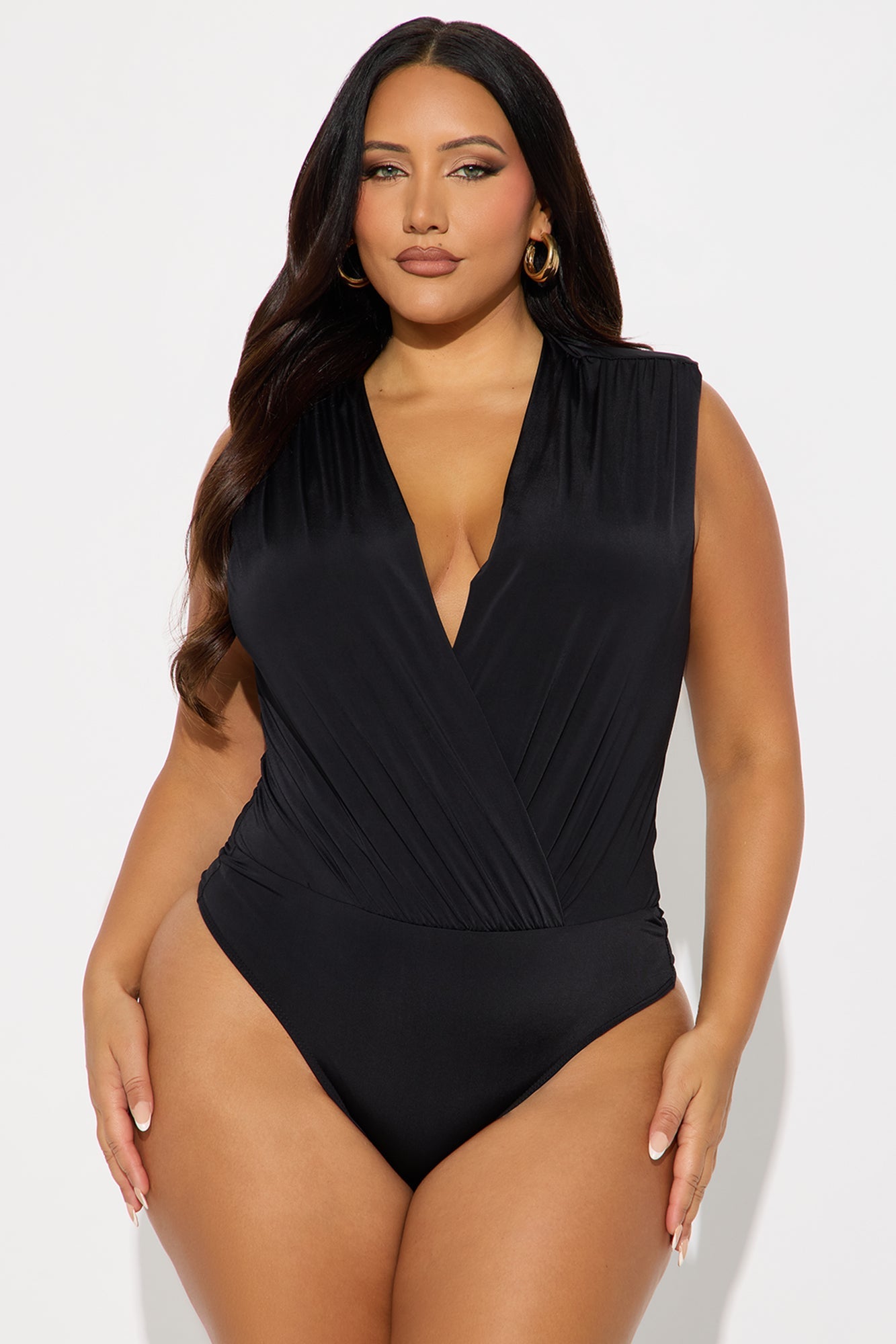Gardenia Surplice Shoulder Pad Bodysuit - Black
