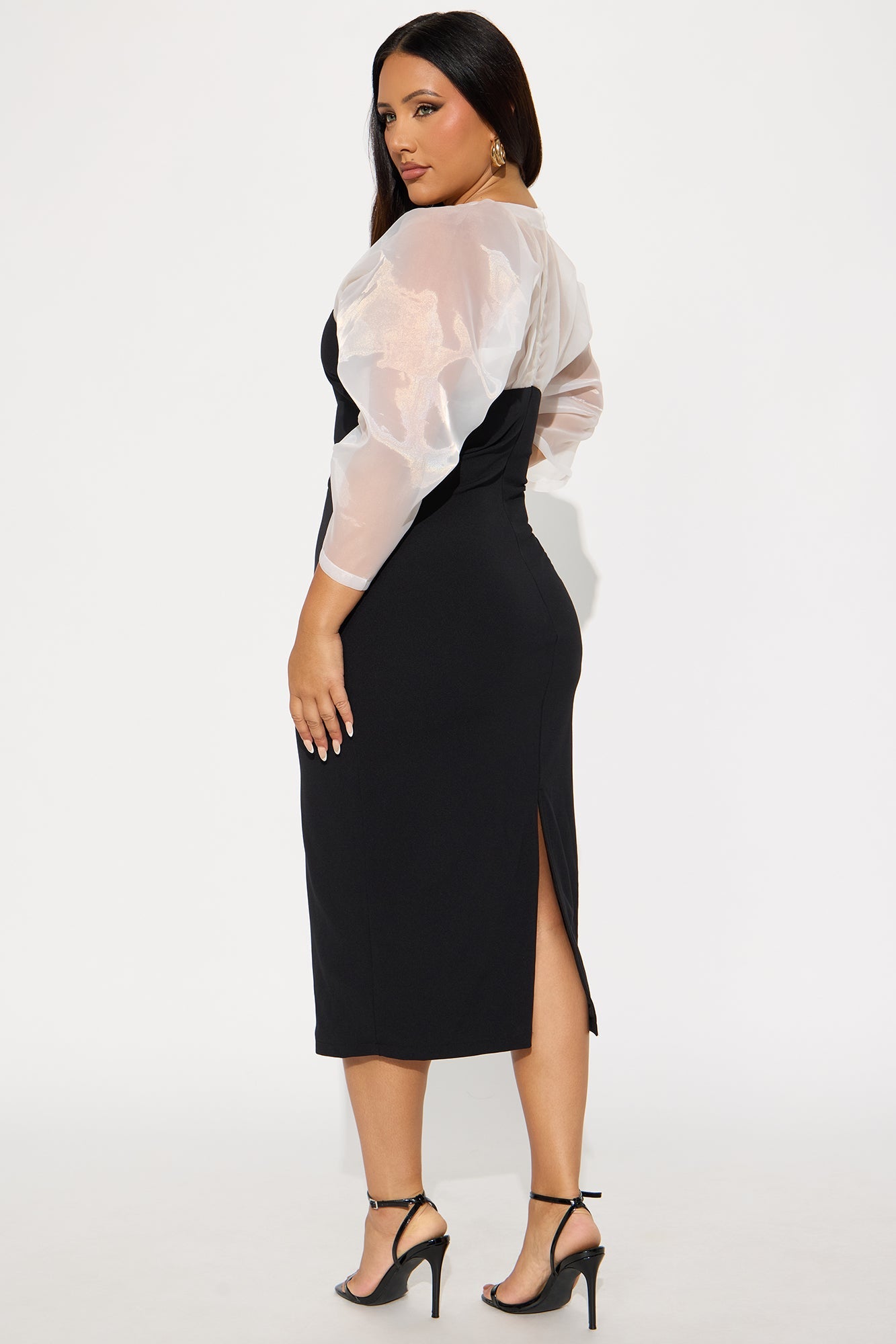Carin Organza Sleeve Midi Dress - Black/White