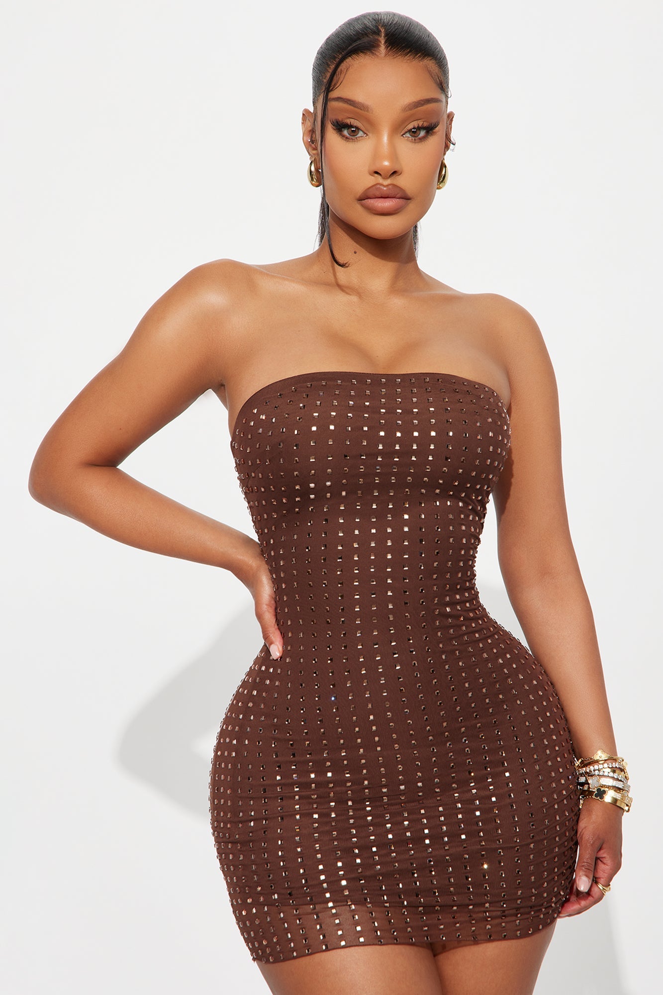 Shine Brighter Rhinestone Mini Dress - Chocolate