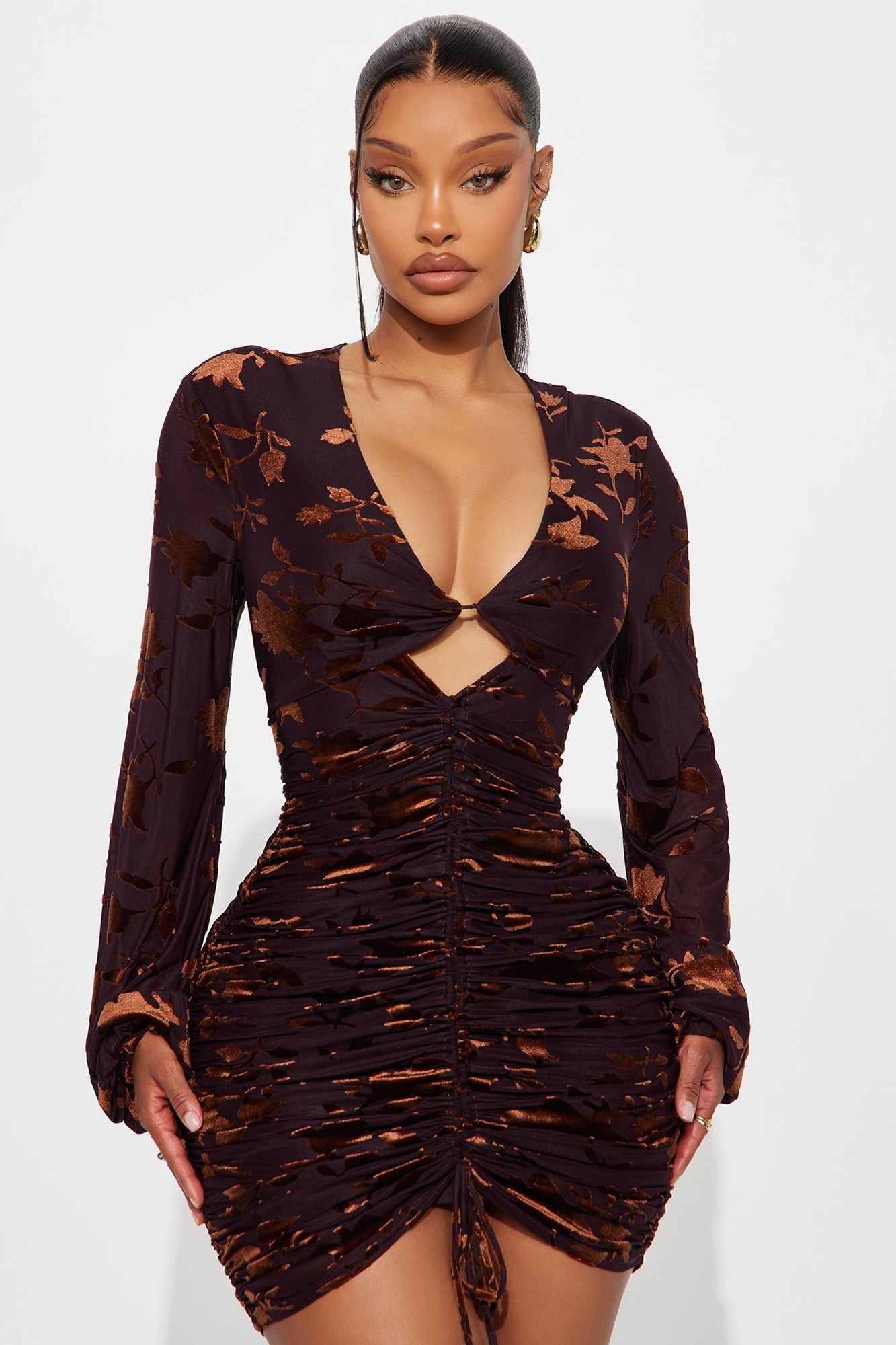 Poppy Flocked Long Sleeve Mini Dress - Wine/combo