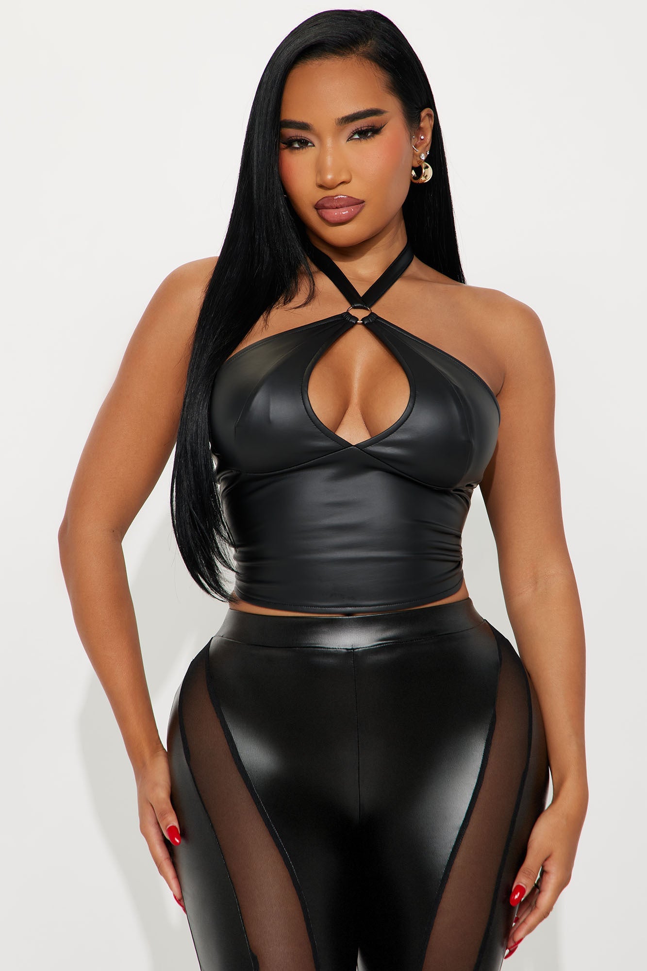 Caught Up Faux Leather Halter Top - Black