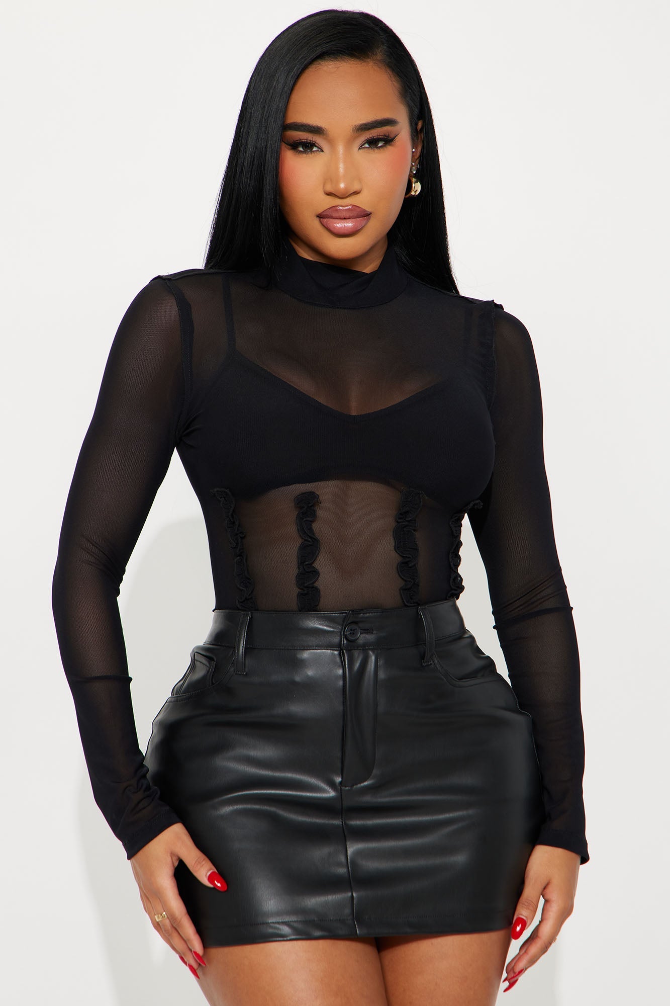 Darcy Mesh Long Sleeve Turtle Neck Top - Black