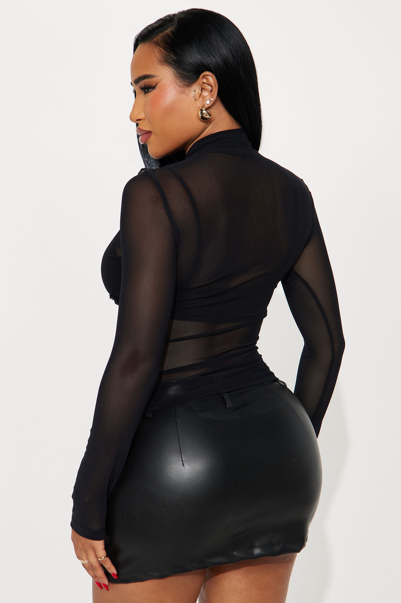 Darcy Mesh Long Sleeve Turtle Neck Top - Black
