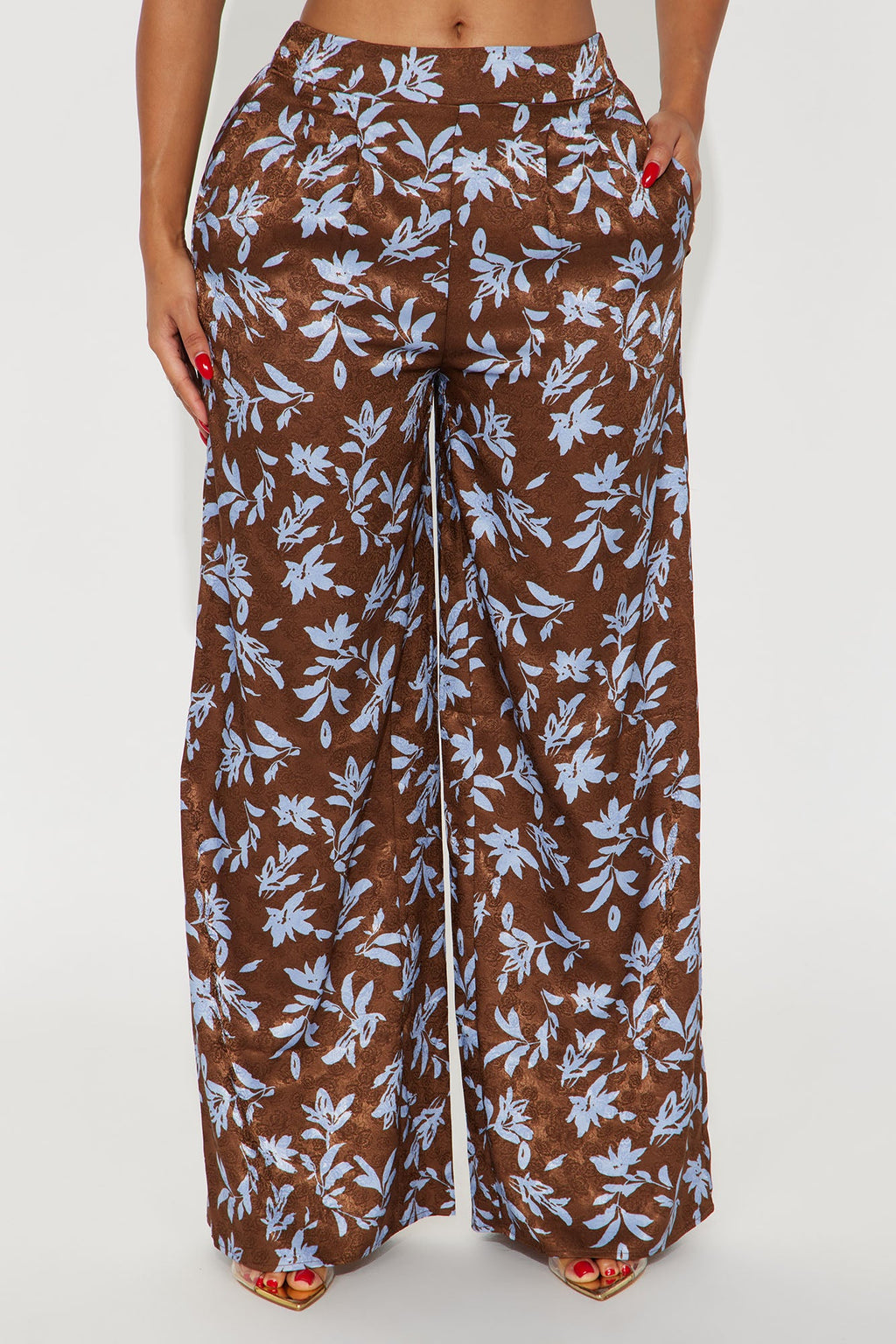Faye Satin Floral Wide Leg Pant 33″ - Chocolate/Combo