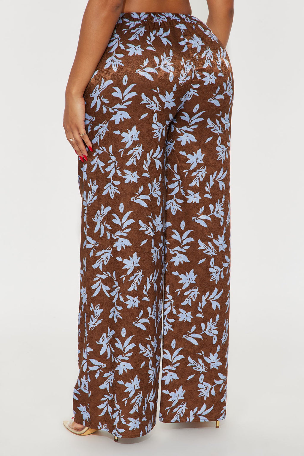 Faye Satin Floral Wide Leg Pant 33″ - Chocolate/Combo