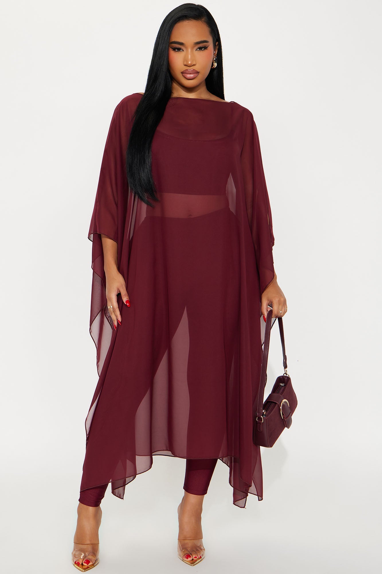 Just A Glimpse Draped 3 Piece Pant Set - Burgundy