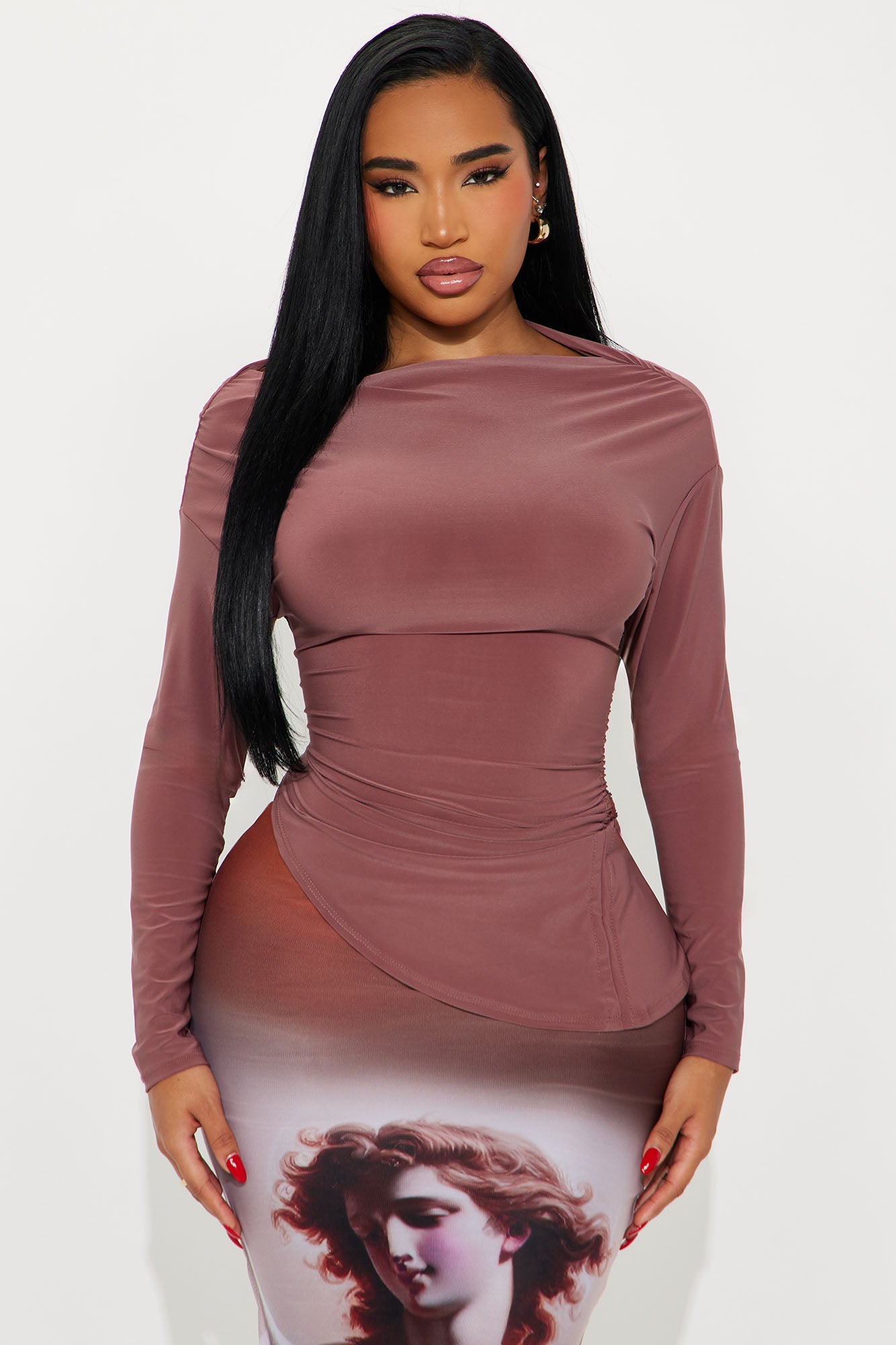 Jess Long Sleeve Asymmetrical Ruched Blouse - Mocha
