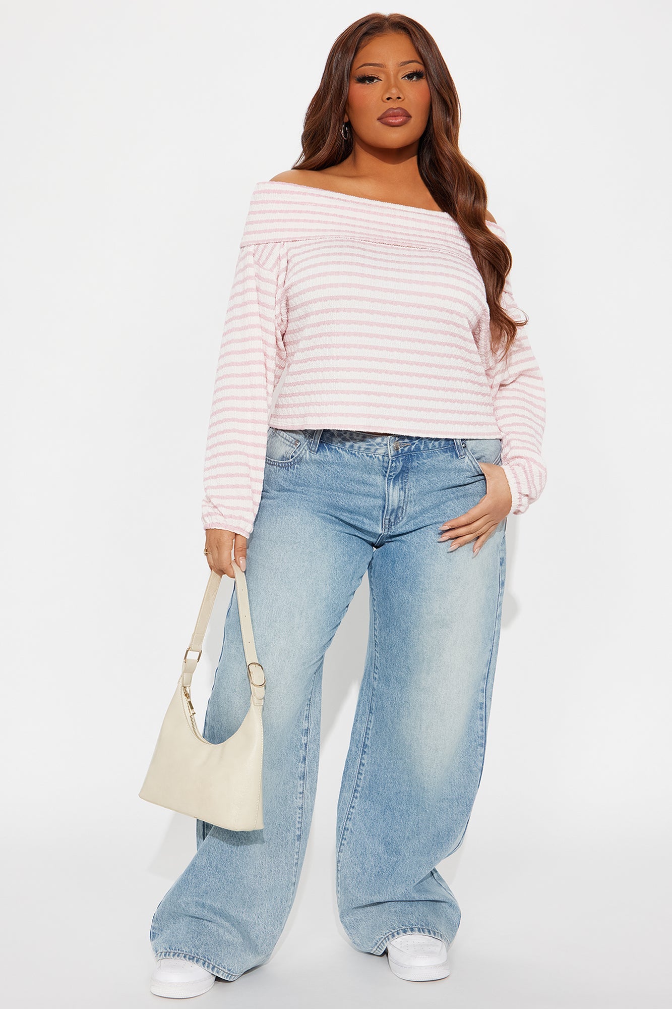 Swan Long Sleeve Off Shoulder Top - Pink/combo