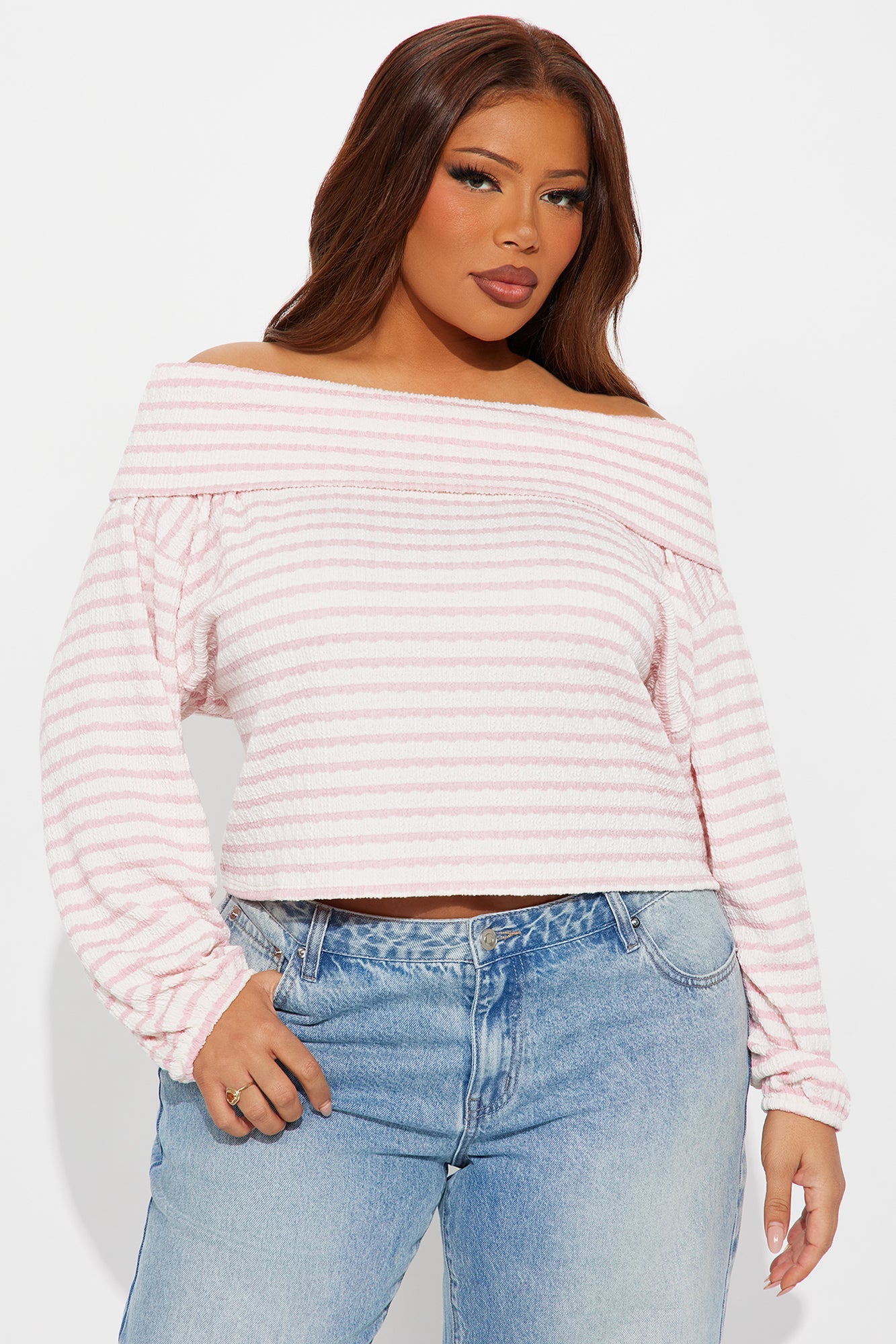 Swan Long Sleeve Off Shoulder Top - Pink/combo