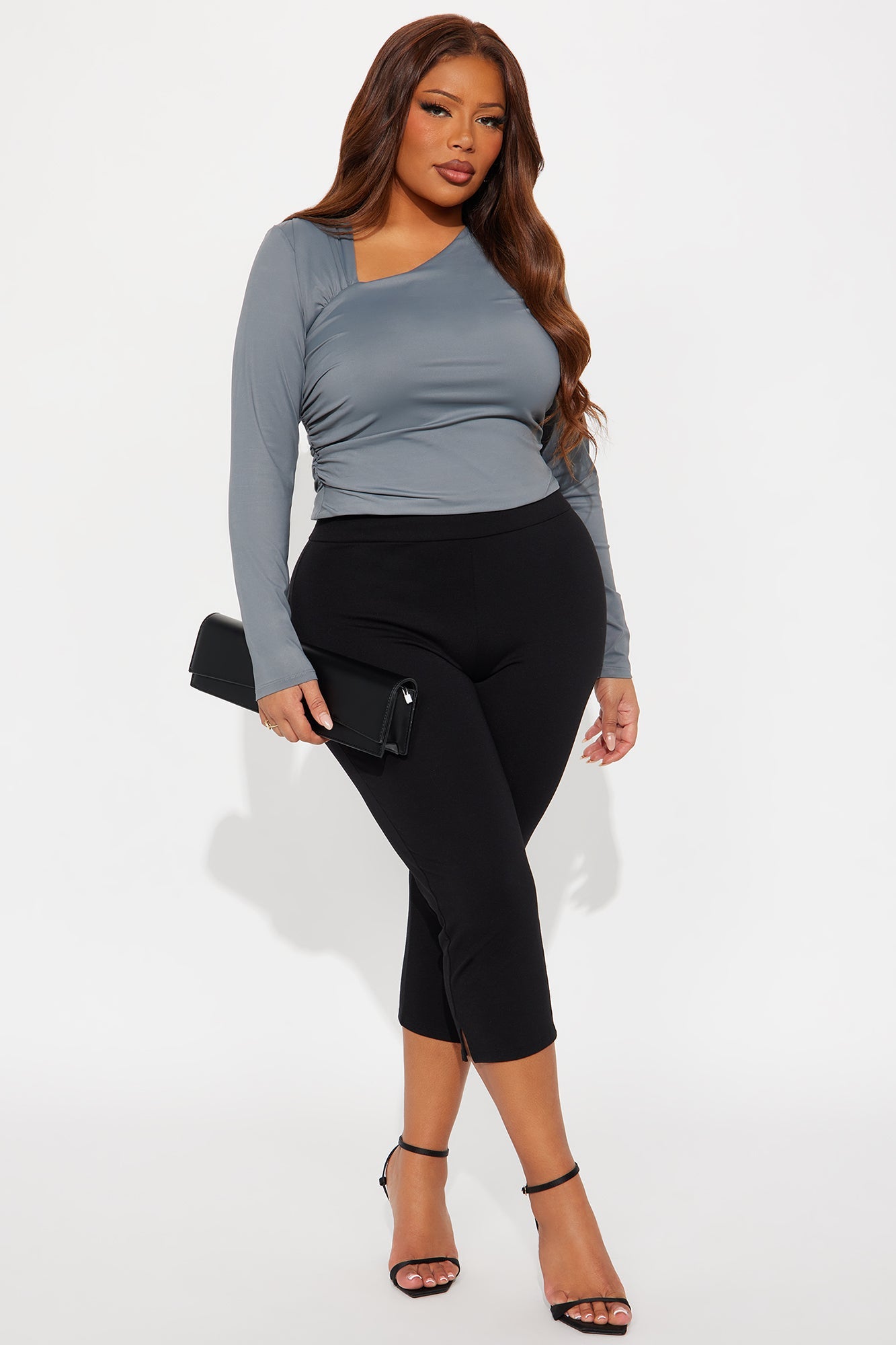 Brenda Ruched Long Sleeve Top - Grey