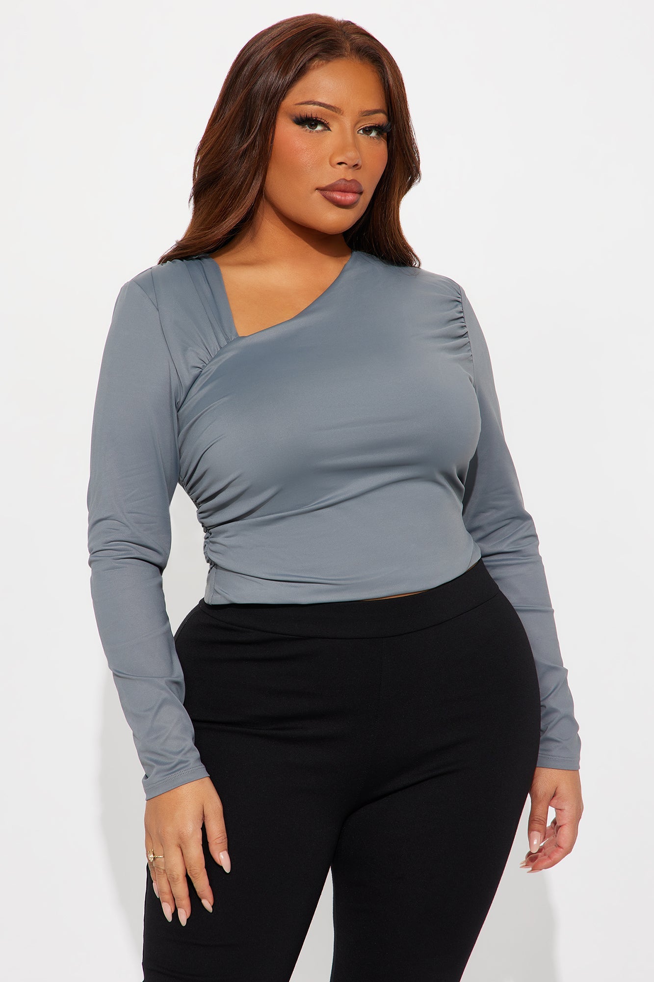 Brenda Ruched Long Sleeve Top - Grey