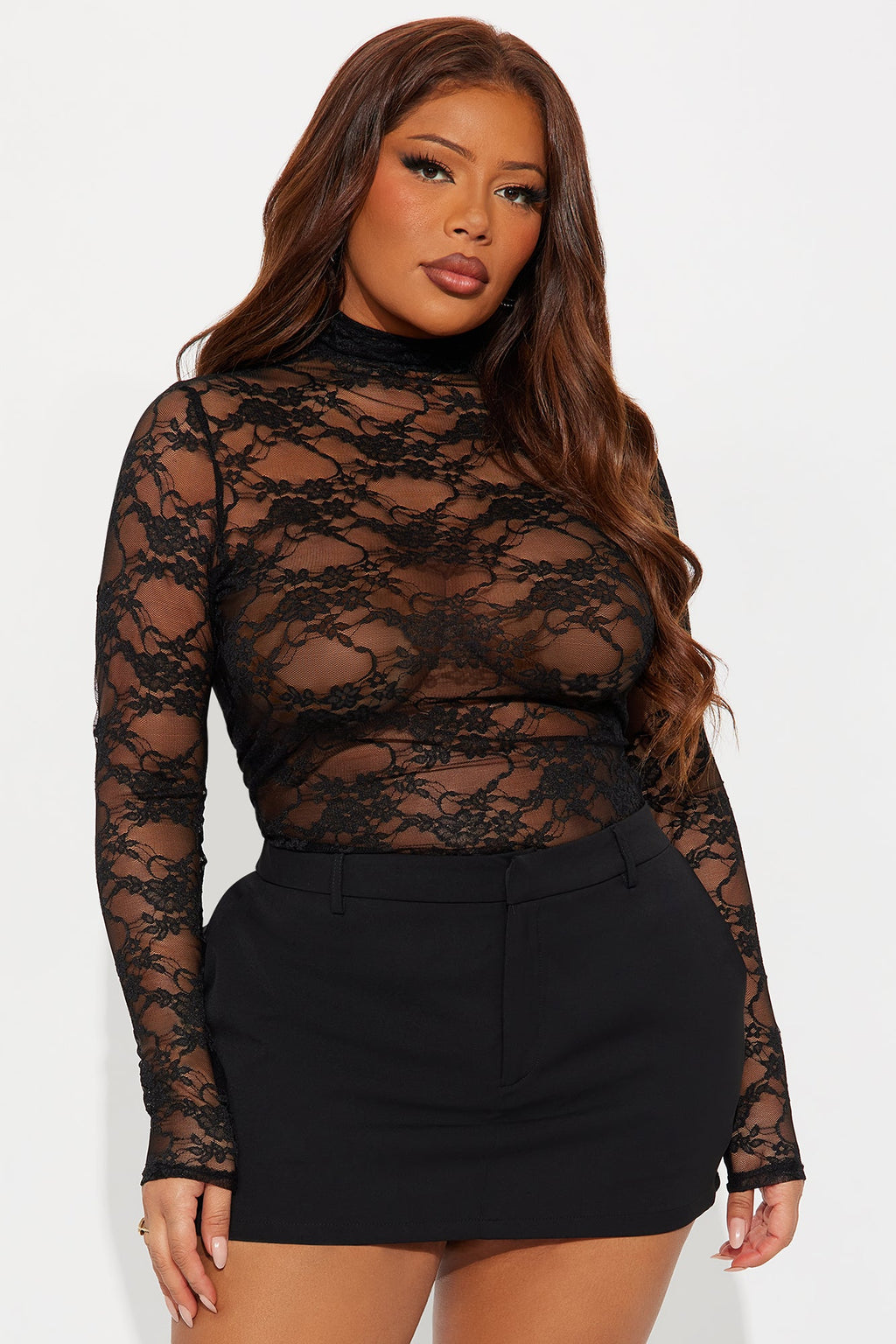 Elma Long Sleeve Turtle Neck Lace Bodysuit - Black
